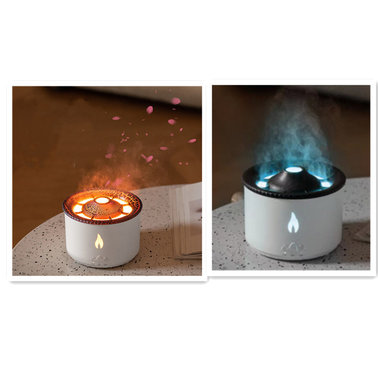 Two images showing a small flameless candle and a diffuser with flames.