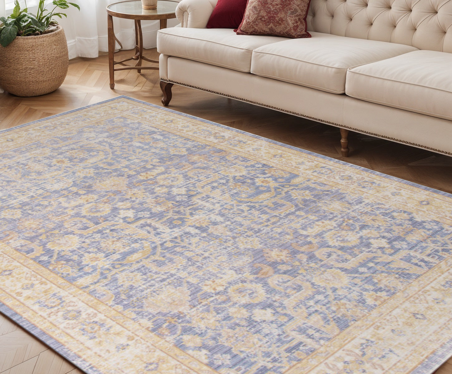 5' X 8' Gray Yellow And Lavender Floral Area Rug-0