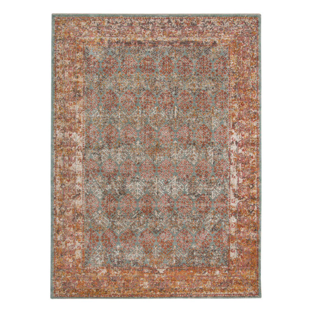 7' X 9' Teal And Orange Medallion Distressed Area Rug-1