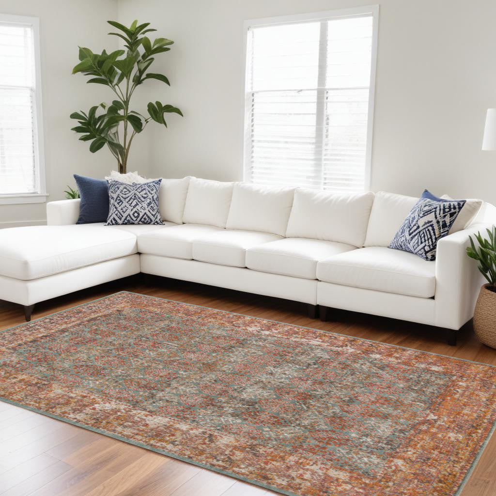 7' X 9' Teal And Orange Medallion Distressed Area Rug-0