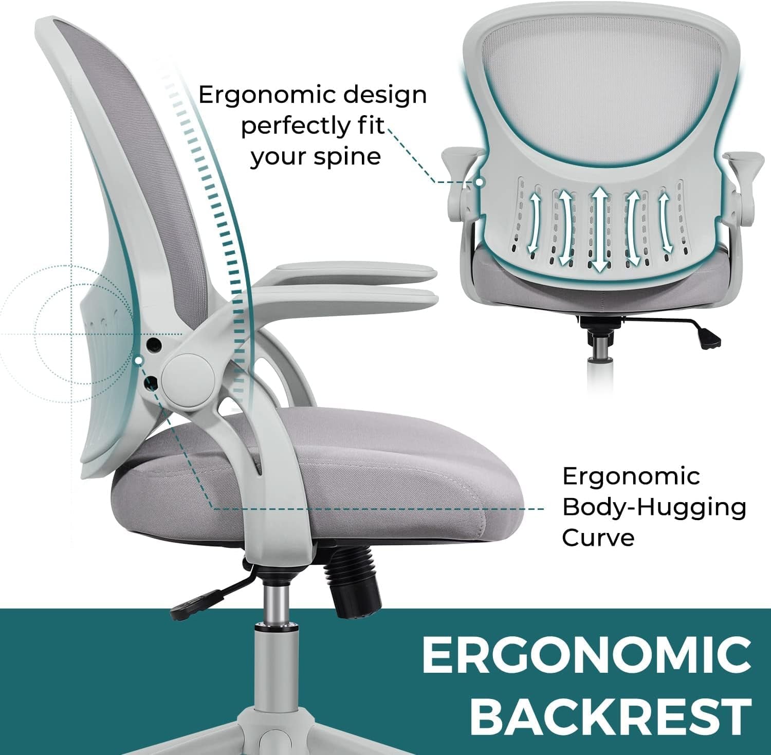 Office Computer Gaming Desk Chair, Ergonomic Mid-Back Mesh Rolling Work Swivel Chairs with Flip-Up Arms, Comfortable Lumbar Support, Comfy Arms for Home, Bedroom, Study, Student, Adults, Grey-3