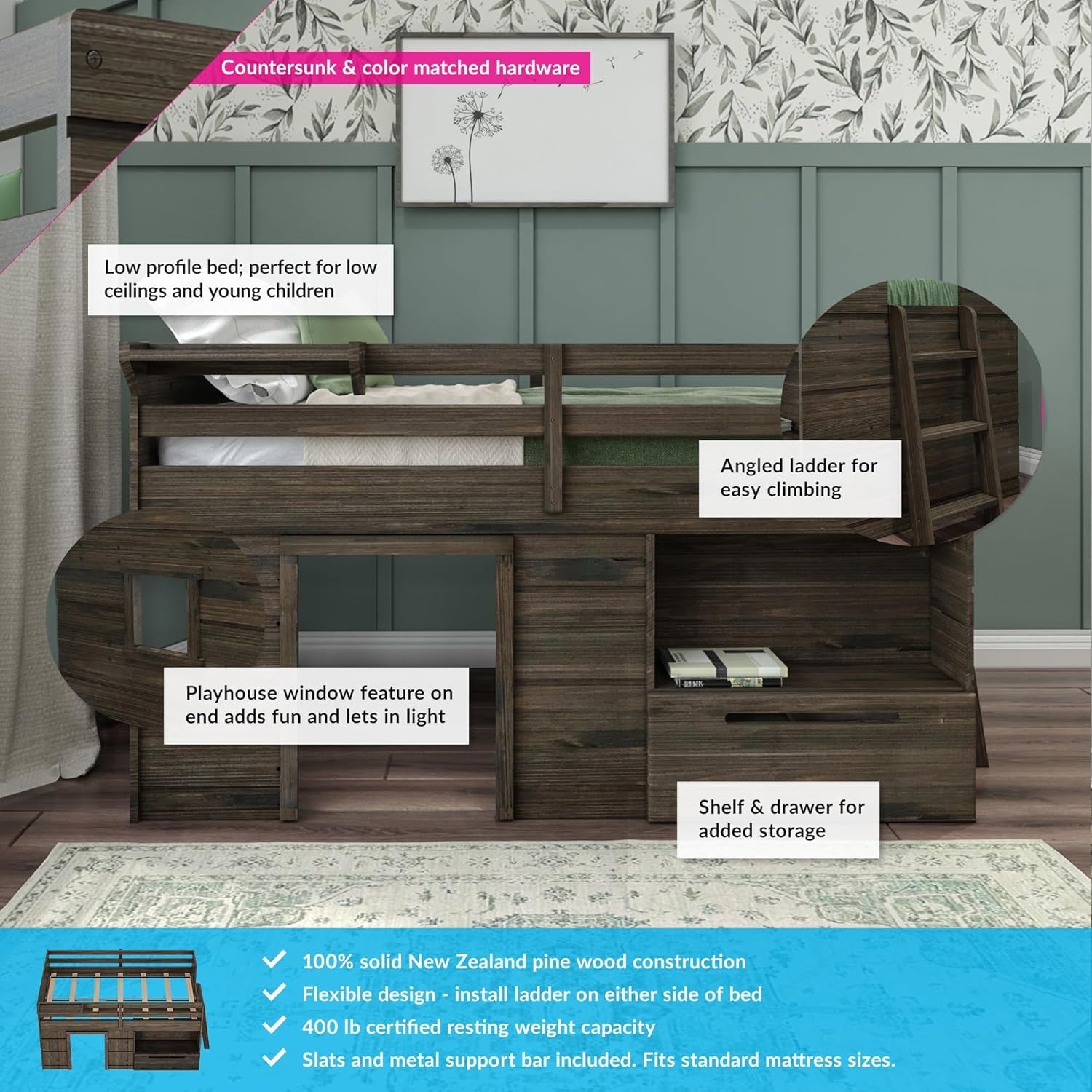 Loft Bed Twin Size, Solid Wood Low Loft Bed with Storage Drawer and Ladder, Modern Farmhouse Loft Bed for Kids, Barnwood Brown-1