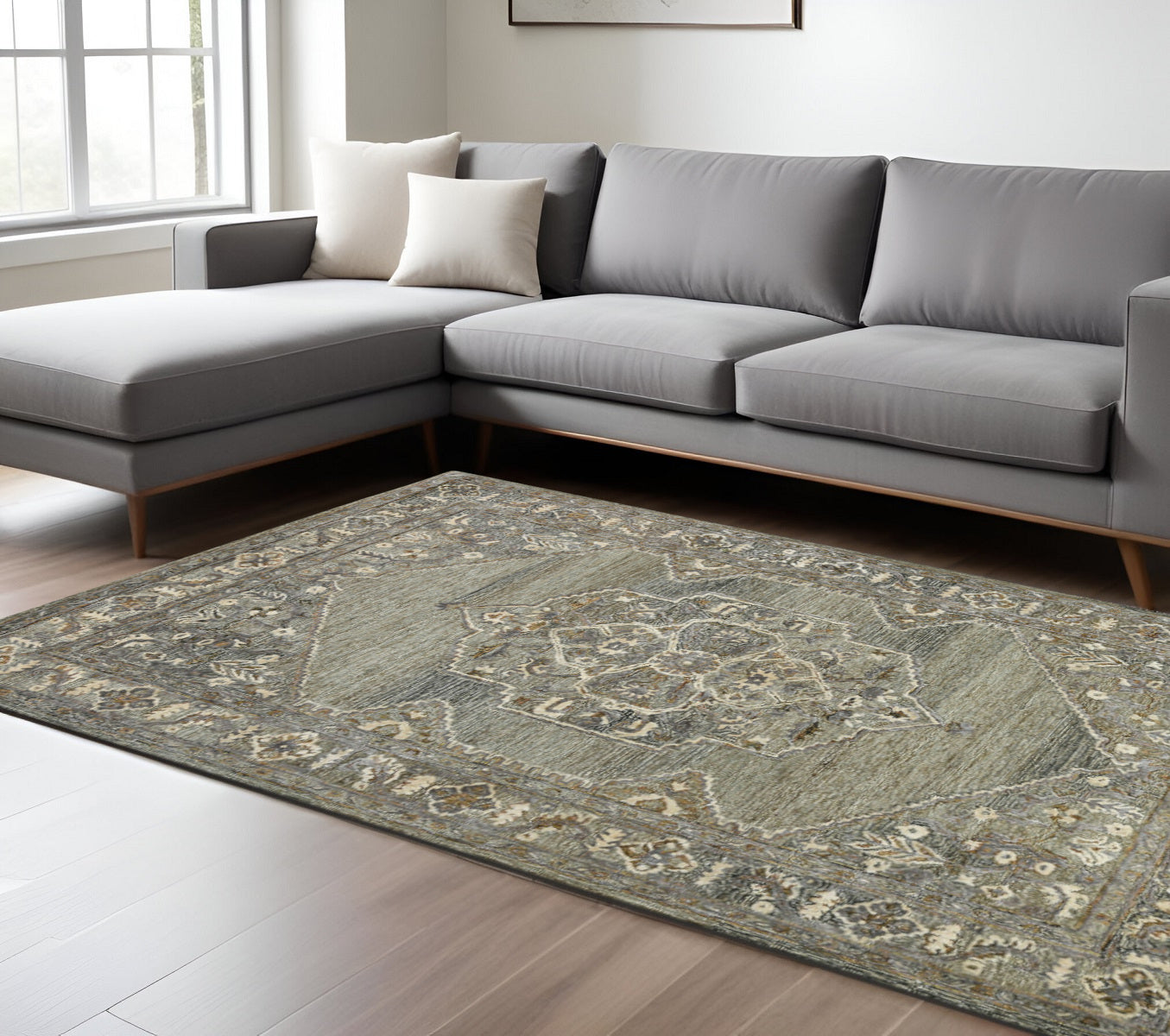 9' X 13' Ivory Brown And Gray Wool Oriental Hand Tufted Area Rug-0