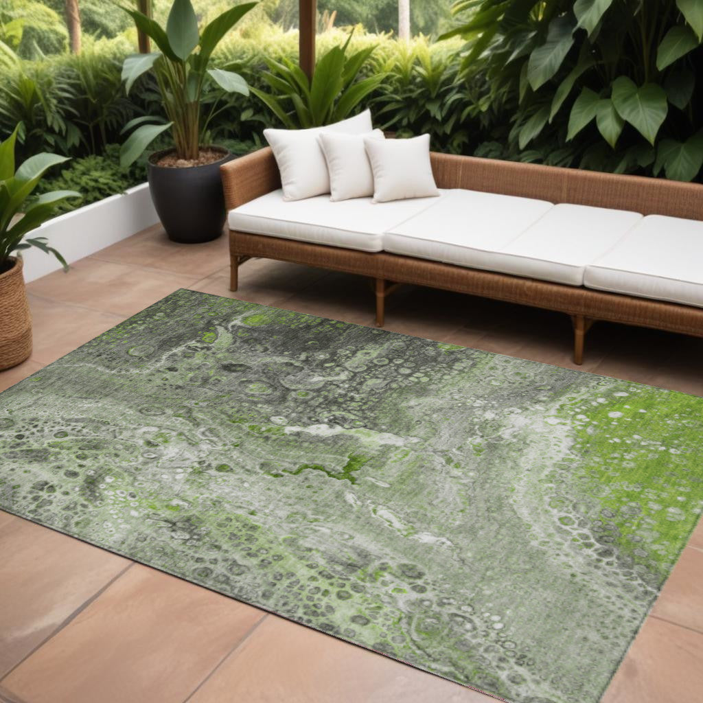 9' X 12' Artichoke Green And Ivory Abstract Washable Indoor Outdoor Area Rug-0