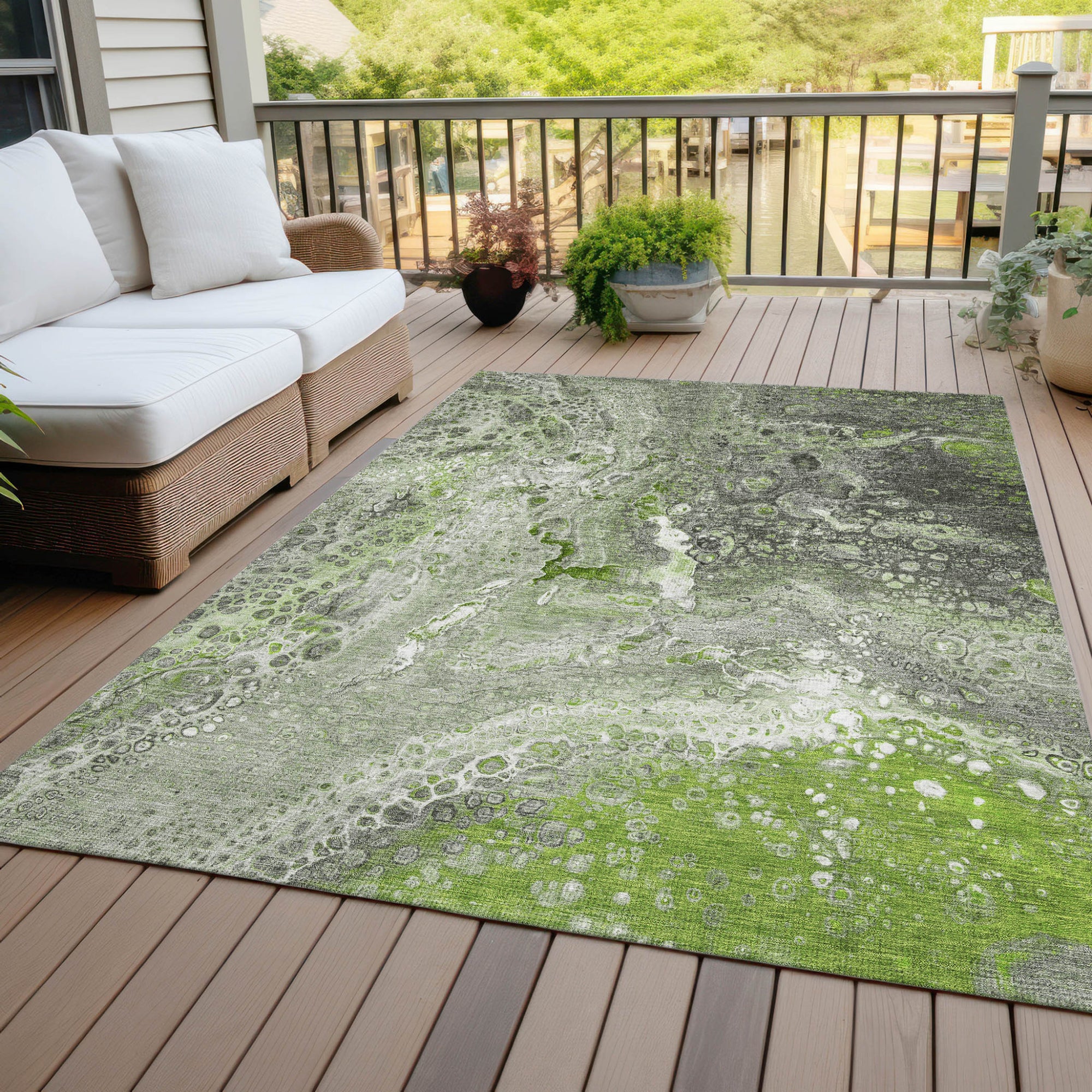 9' X 12' Artichoke Green And Ivory Abstract Washable Indoor Outdoor Area Rug-5