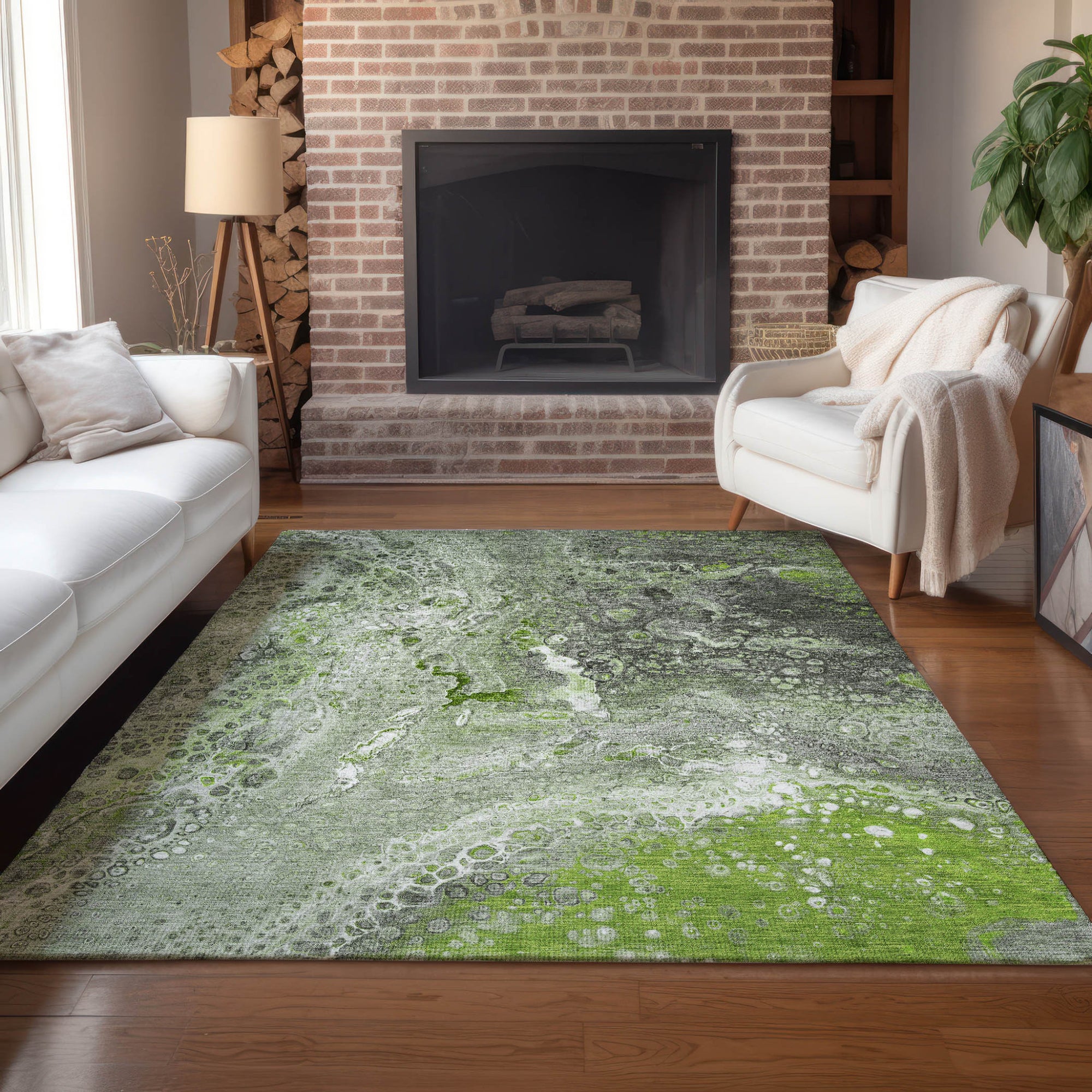 9' X 12' Artichoke Green And Ivory Abstract Washable Indoor Outdoor Area Rug-6