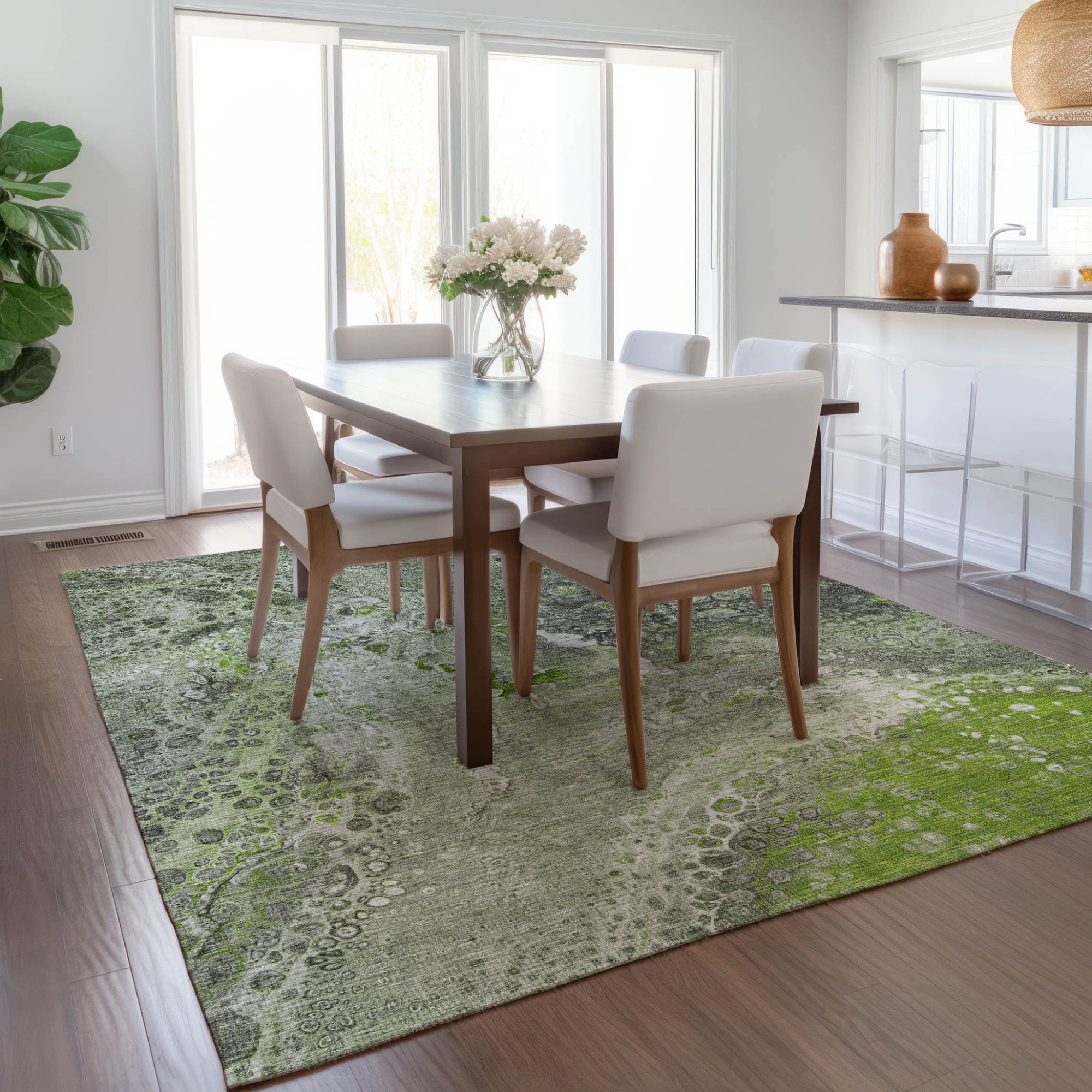 9' X 12' Artichoke Green And Ivory Abstract Washable Indoor Outdoor Area Rug-7