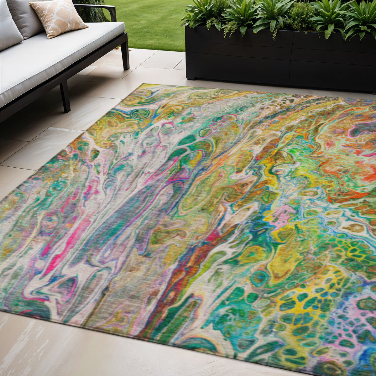5' X 8' Green Gold And White Abstract Washable Indoor Outdoor Area Rug-0