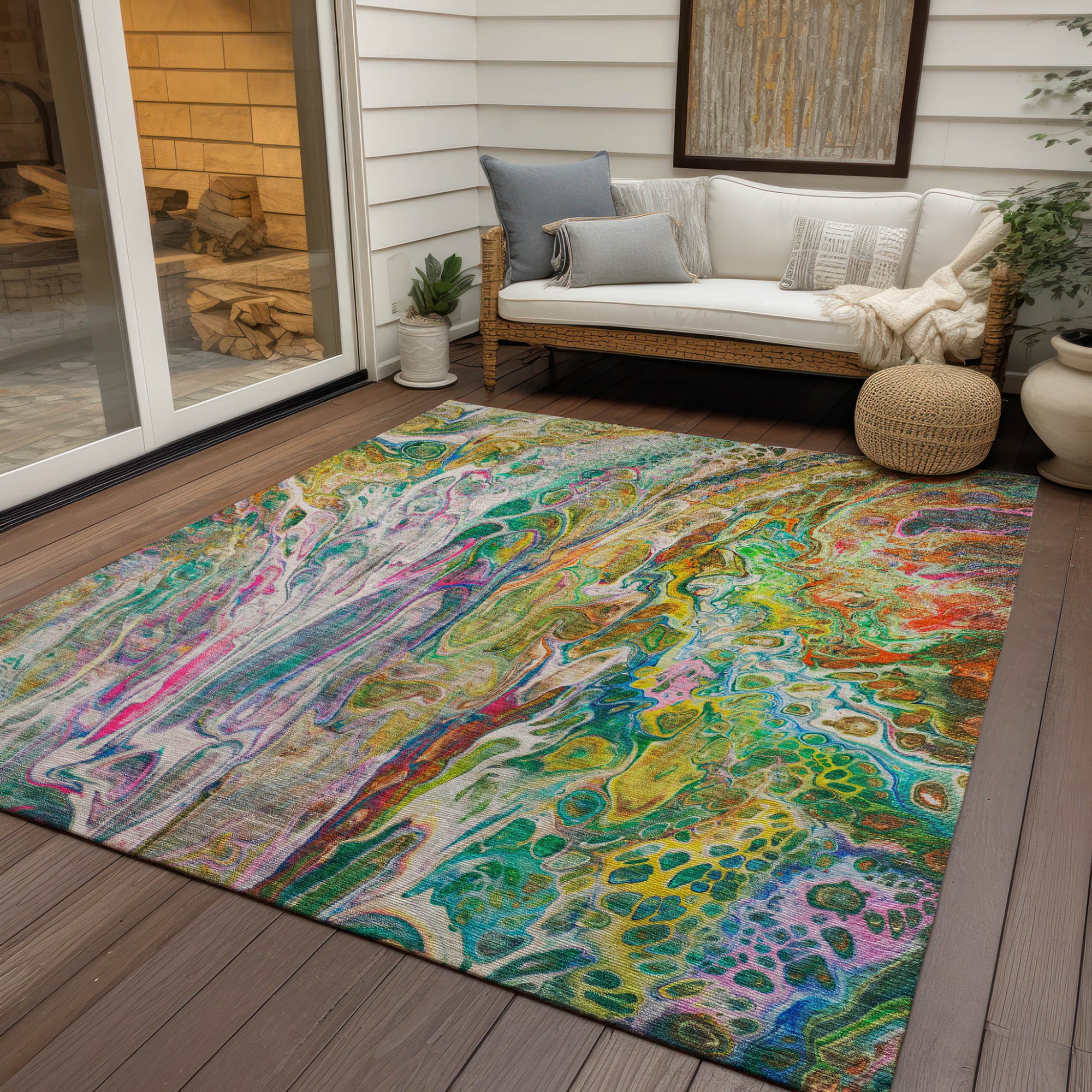 5' X 8' Green Gold And White Abstract Washable Indoor Outdoor Area Rug-7