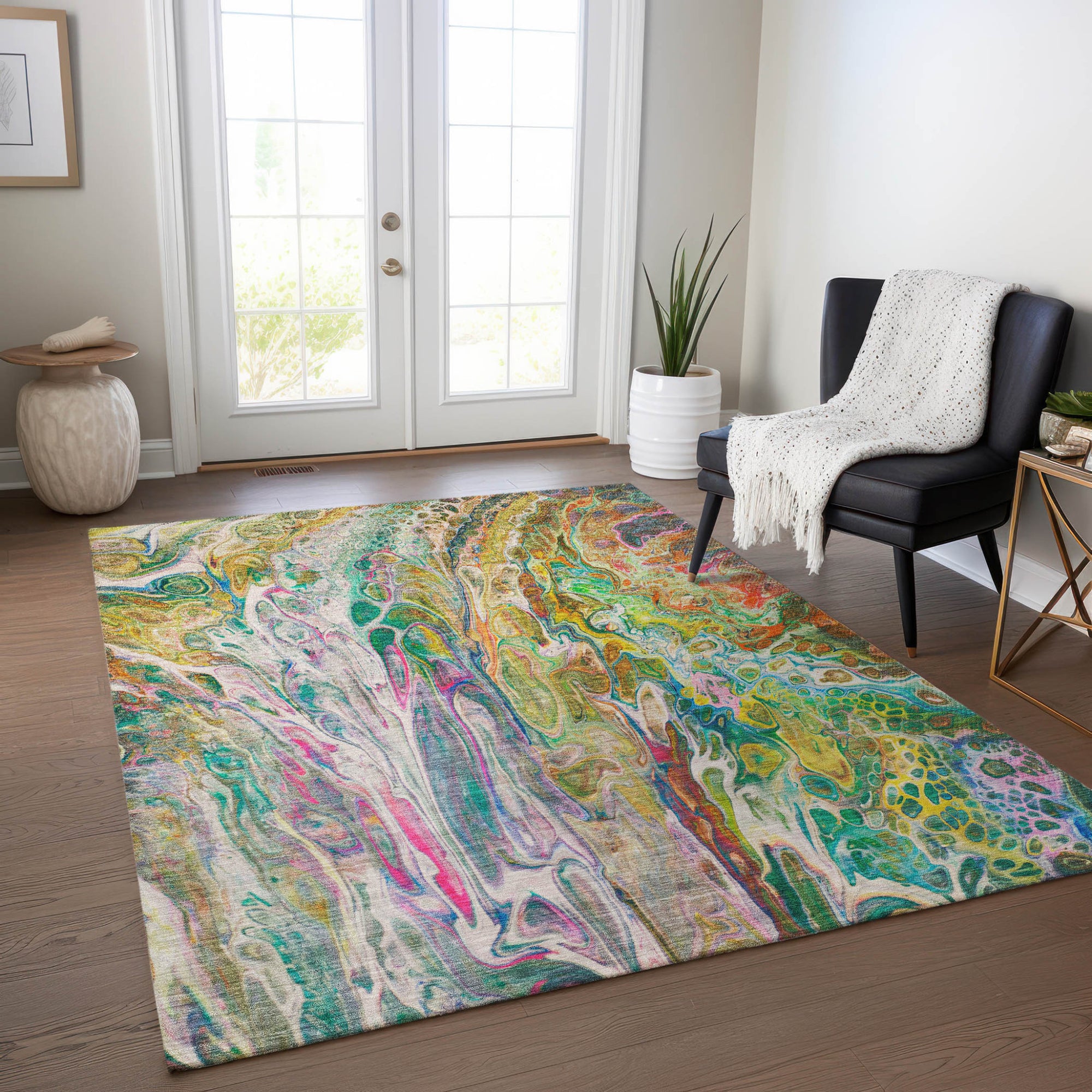 5' X 8' Green Gold And White Abstract Washable Indoor Outdoor Area Rug-8