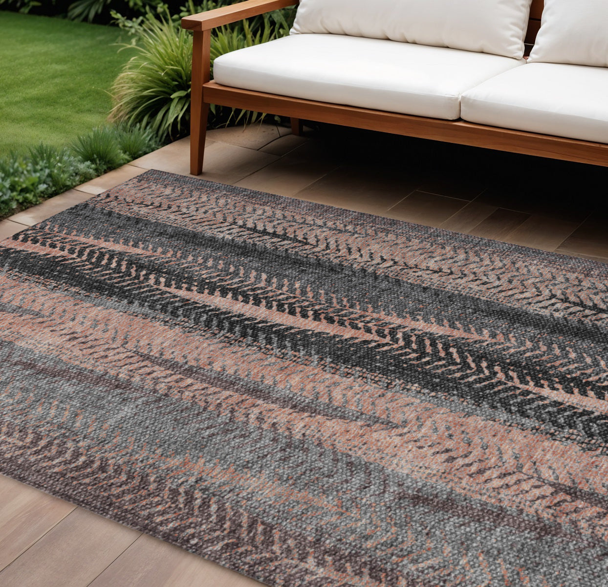9' X 12' Blue Charcoal And Copper Botanical Leaves Washable Indoor Outdoor Area Rug-0