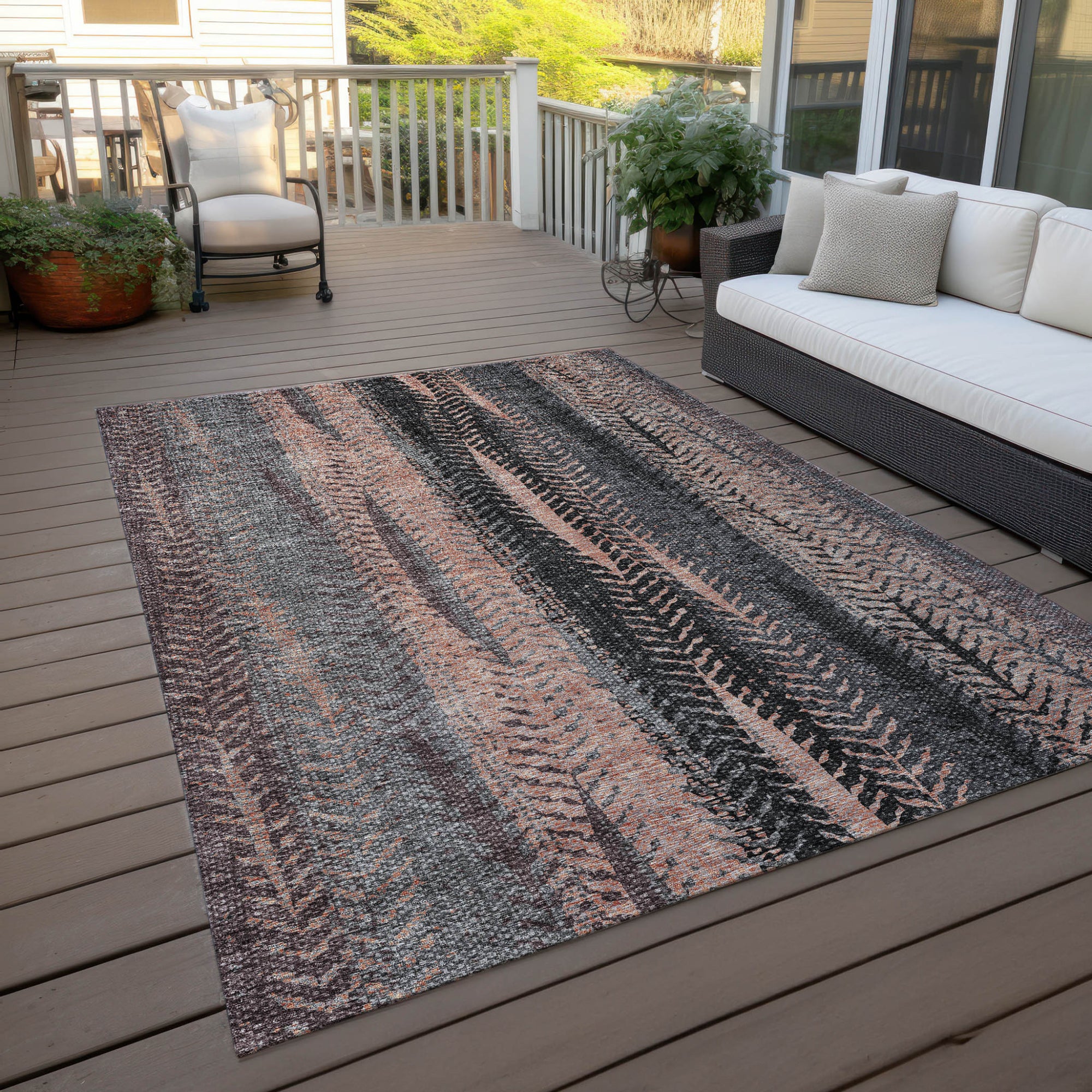 9' X 12' Blue Charcoal And Copper Botanical Leaves Washable Indoor Outdoor Area Rug-7