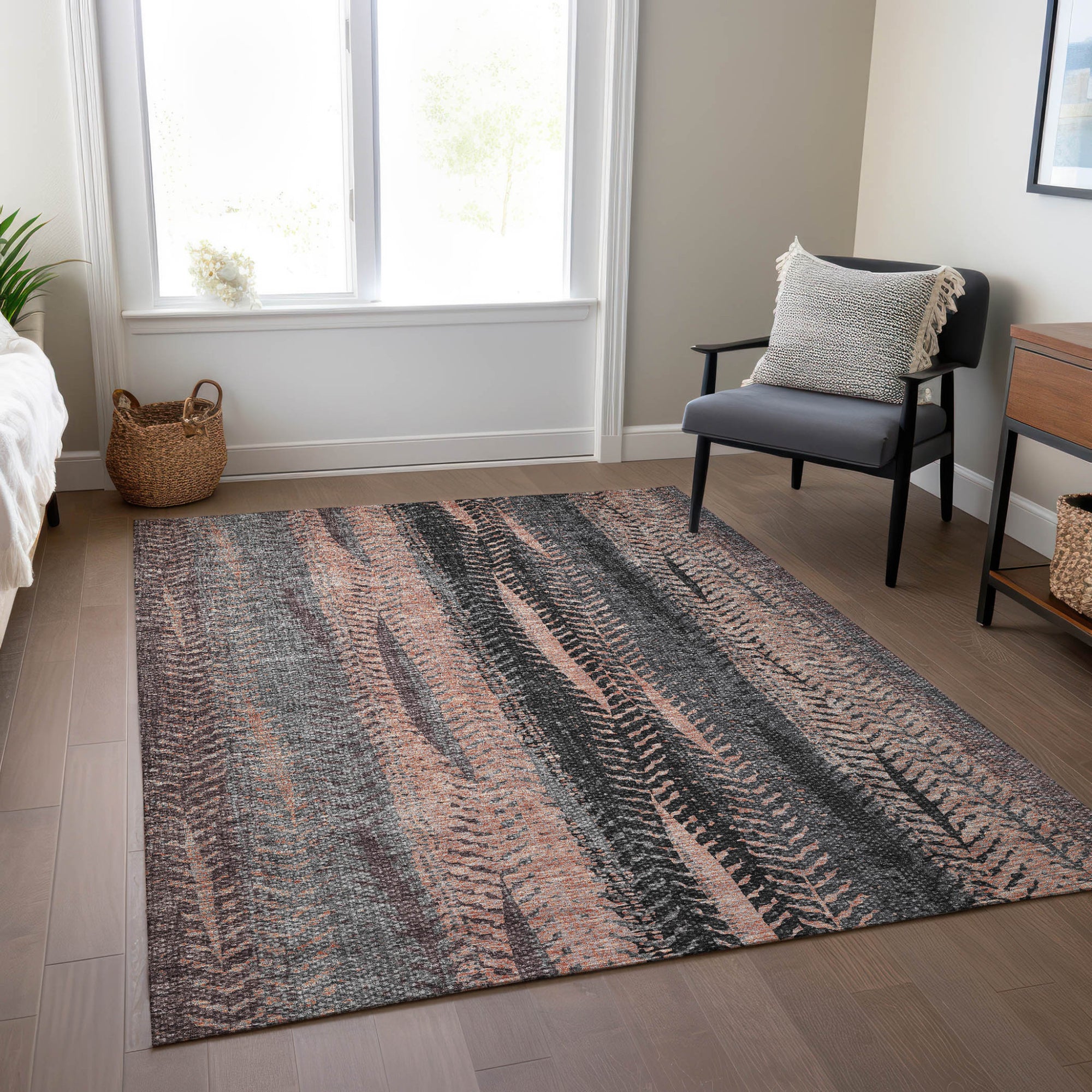 9' X 12' Blue Charcoal And Copper Botanical Leaves Washable Indoor Outdoor Area Rug-8