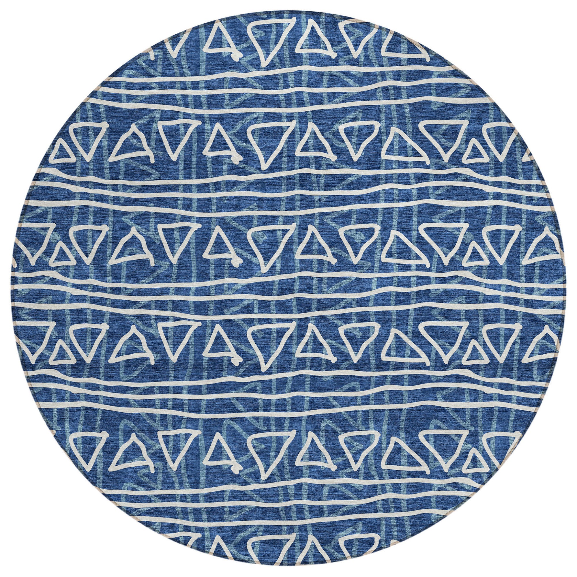 8' Navy Blue And Ivory Round Geometric Washable Indoor Outdoor Area Rug-1