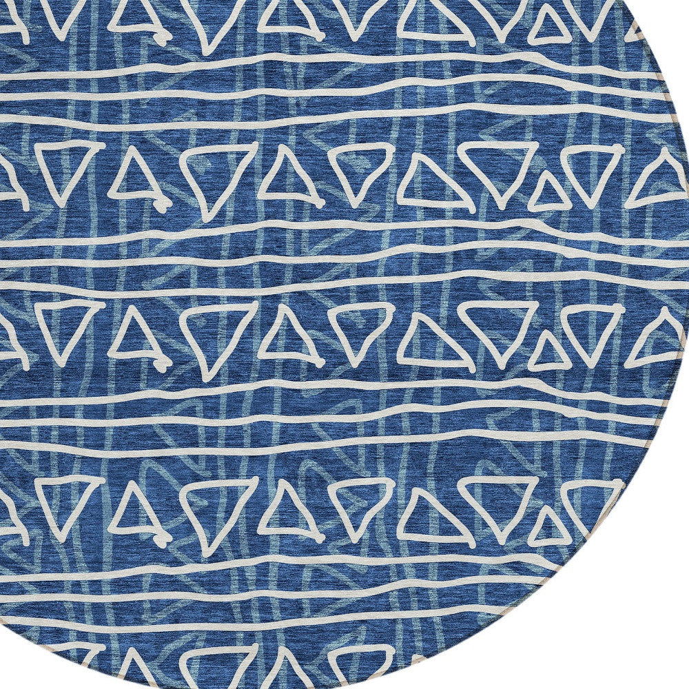 8' Navy Blue And Ivory Round Geometric Washable Indoor Outdoor Area Rug-4