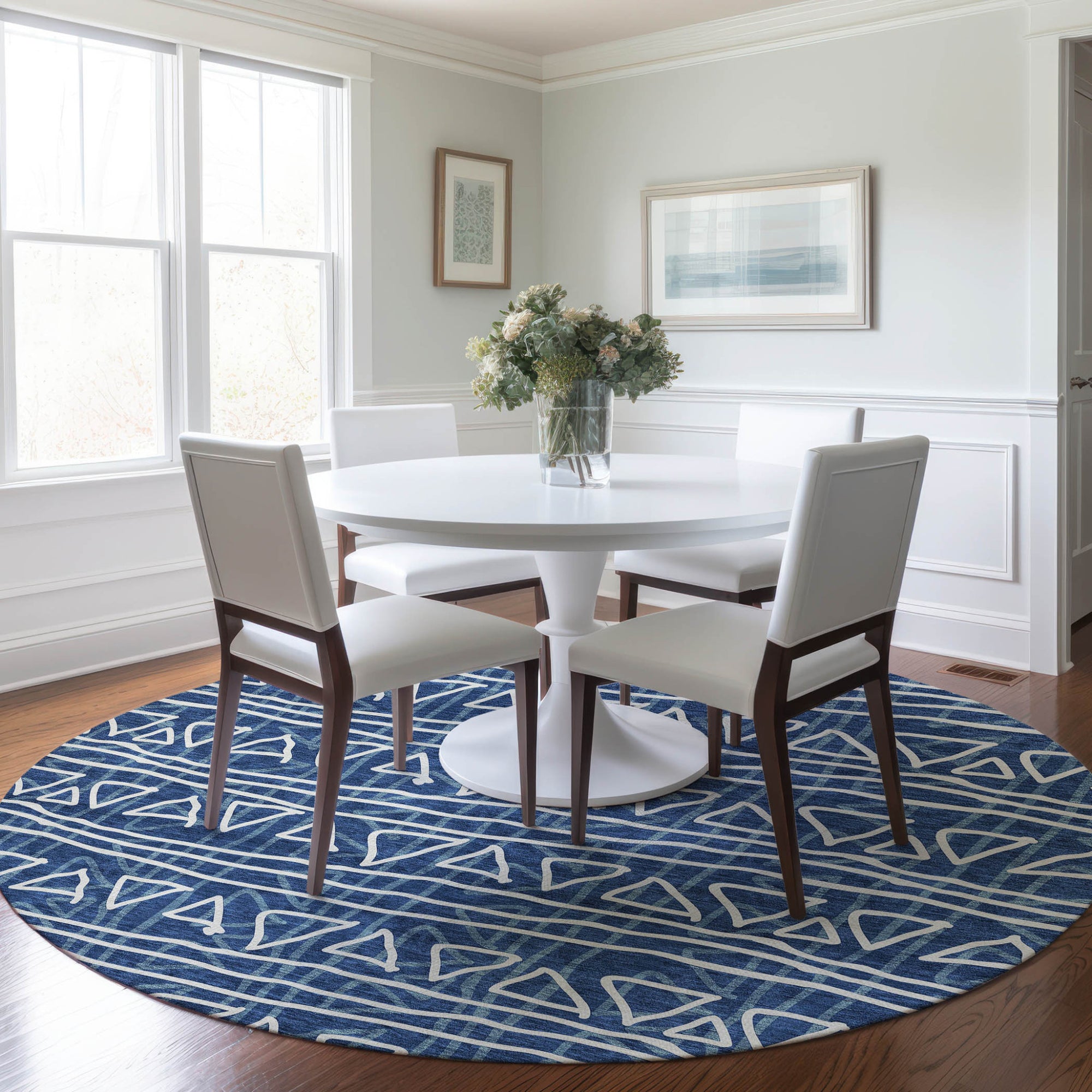 8' Navy Blue And Ivory Round Geometric Washable Indoor Outdoor Area Rug-7