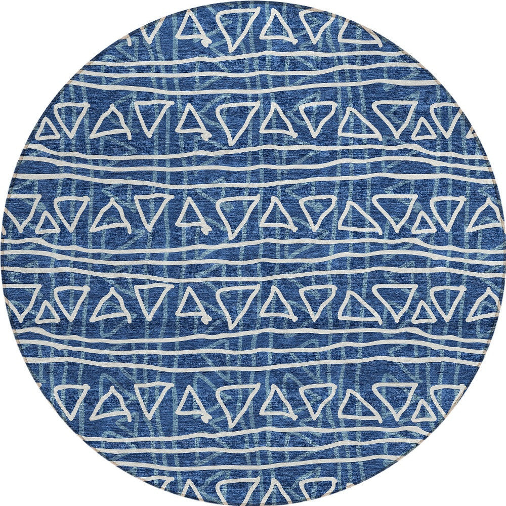 8' Navy Blue And Ivory Round Geometric Washable Indoor Outdoor Area Rug-5
