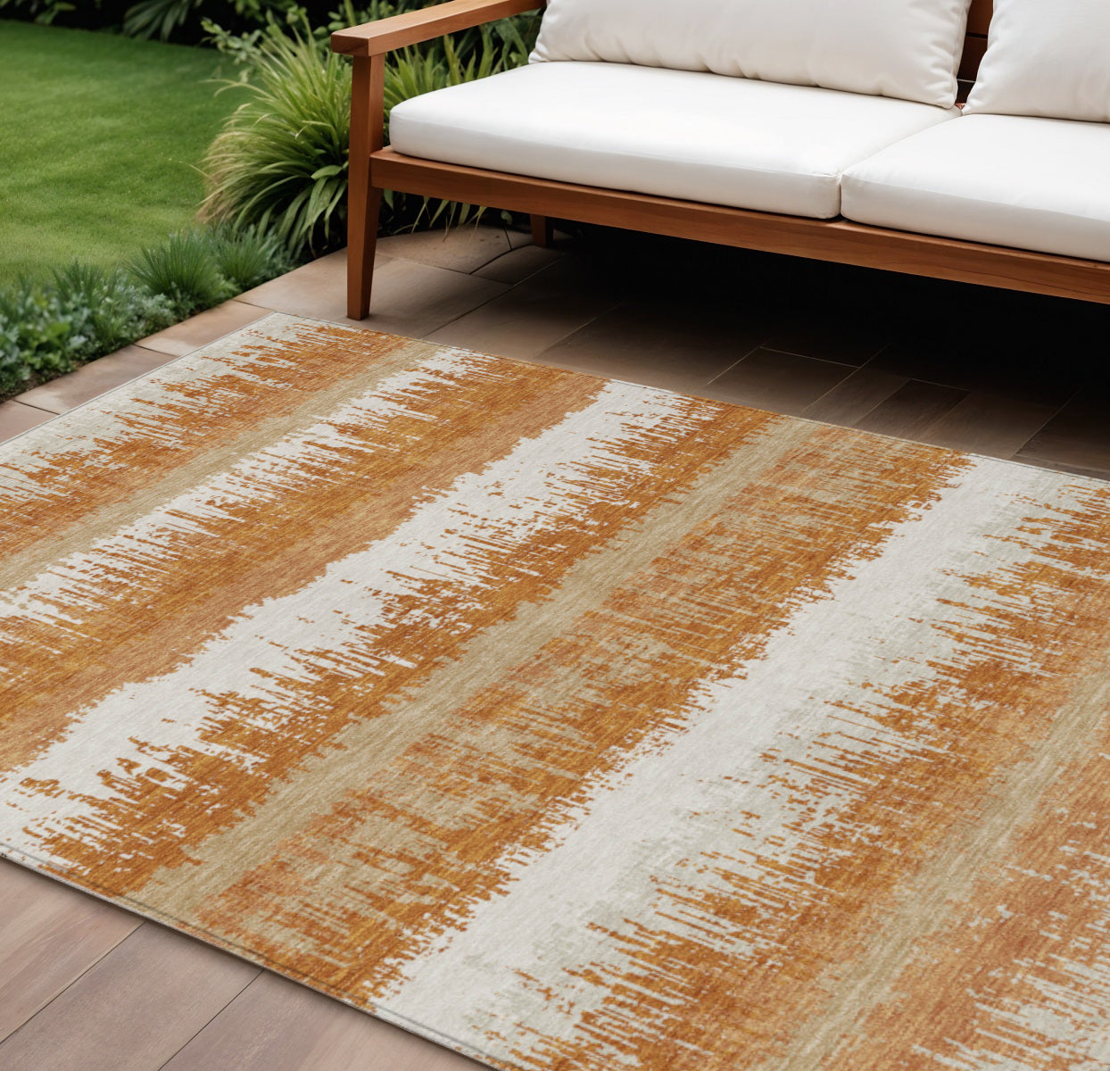 9' X 12' Copper Beige And Ivory Striped Washable Indoor Outdoor Area Rug-0