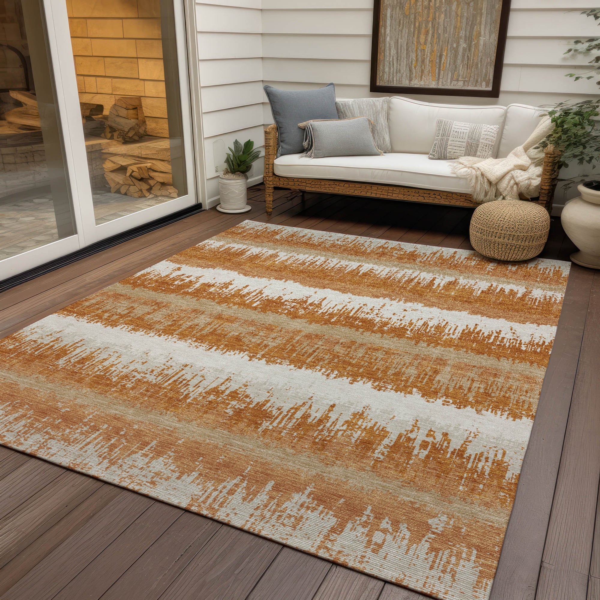 9' X 12' Copper Beige And Ivory Striped Washable Indoor Outdoor Area Rug-7