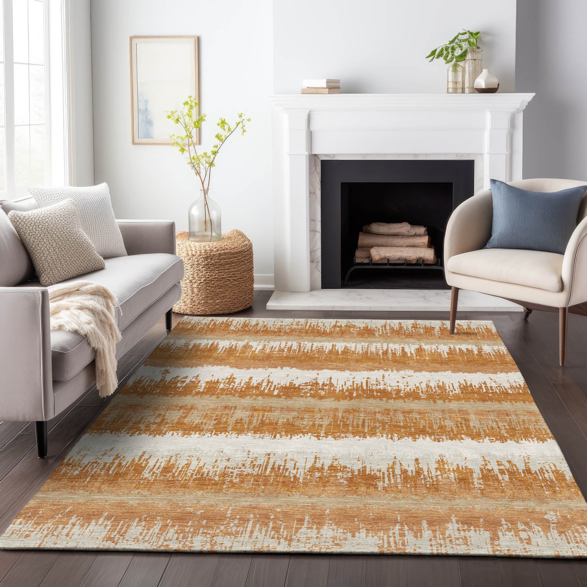 9' X 12' Copper Beige And Ivory Striped Washable Indoor Outdoor Area Rug-8