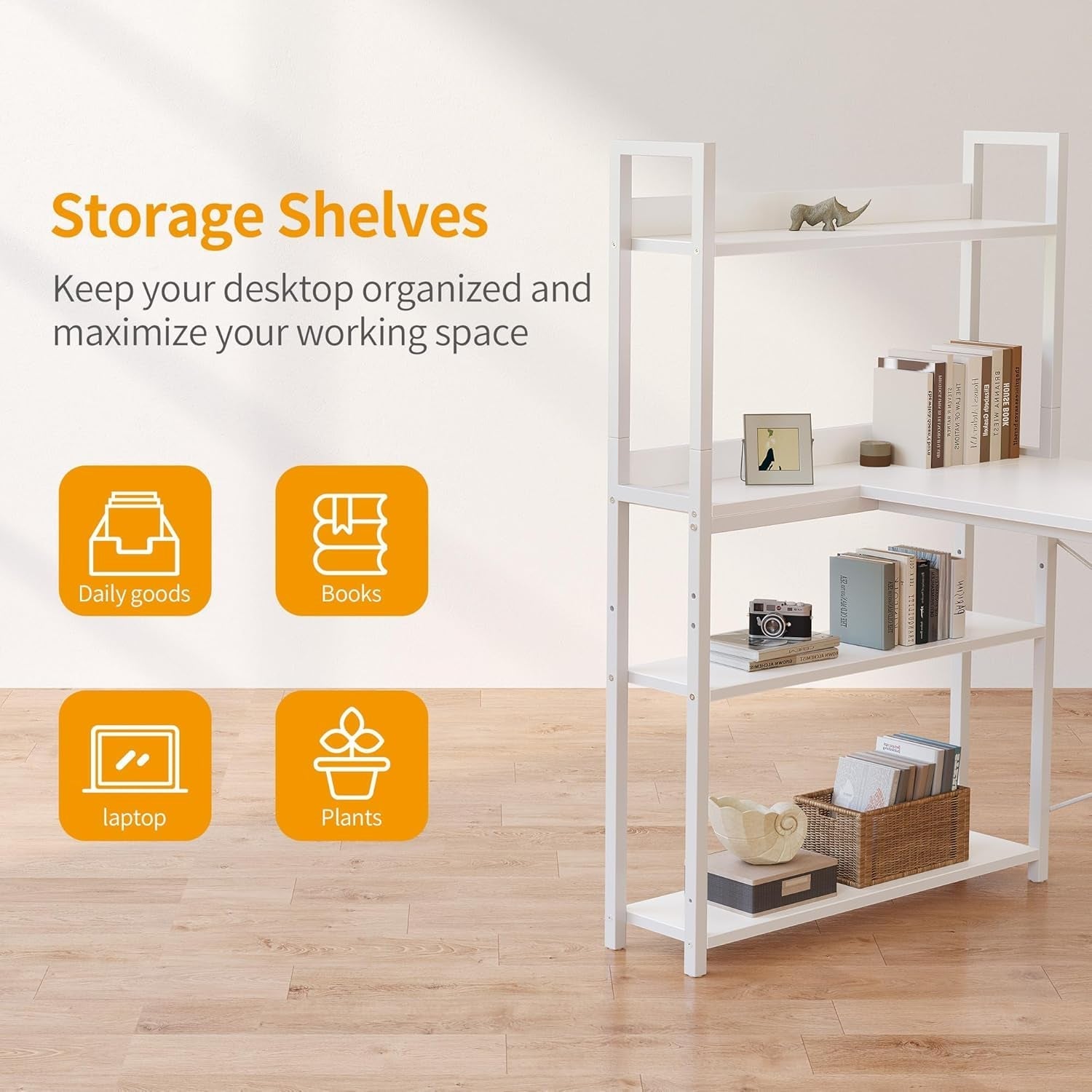 Computer Corner Desk with Storage Shelves, 47 Inch Reversible Small L Shaped Computer Desk, Home Office Writing Desk with 2 Hooks, Pure White-3