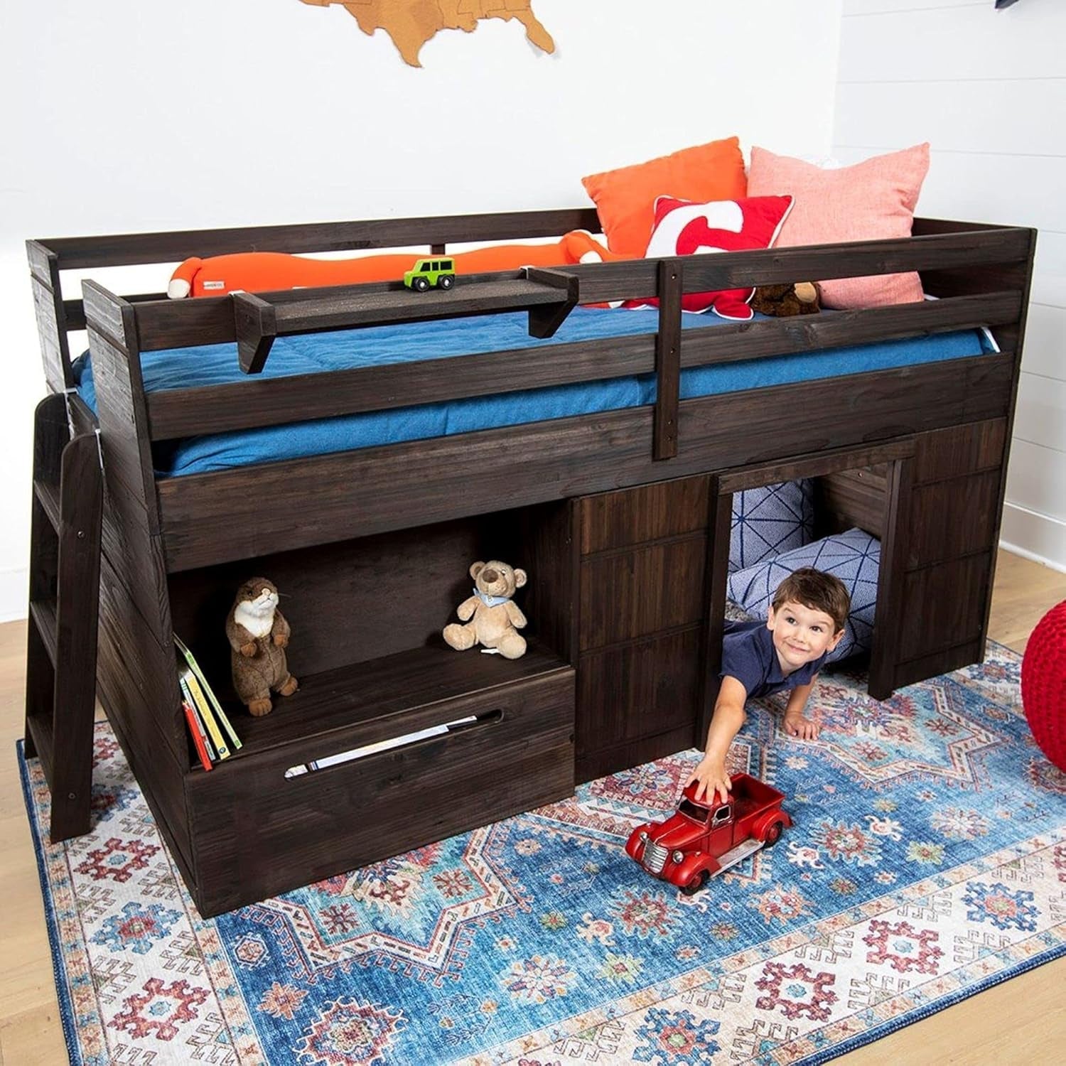 Loft Bed Twin Size, Solid Wood Low Loft Bed with Storage Drawer and Ladder, Modern Farmhouse Loft Bed for Kids, Barnwood Brown-4