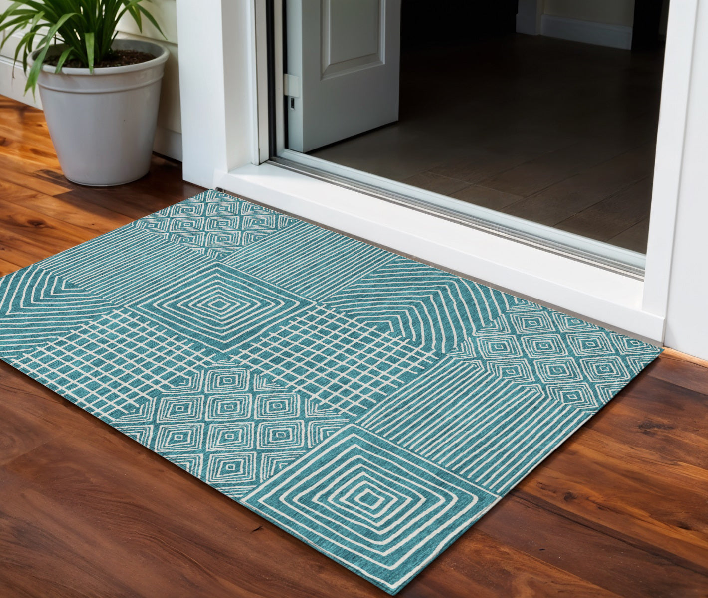 3' X 5' Teal Blue And Ivory Geometric Washable Indoor Outdoor Area Rug-0