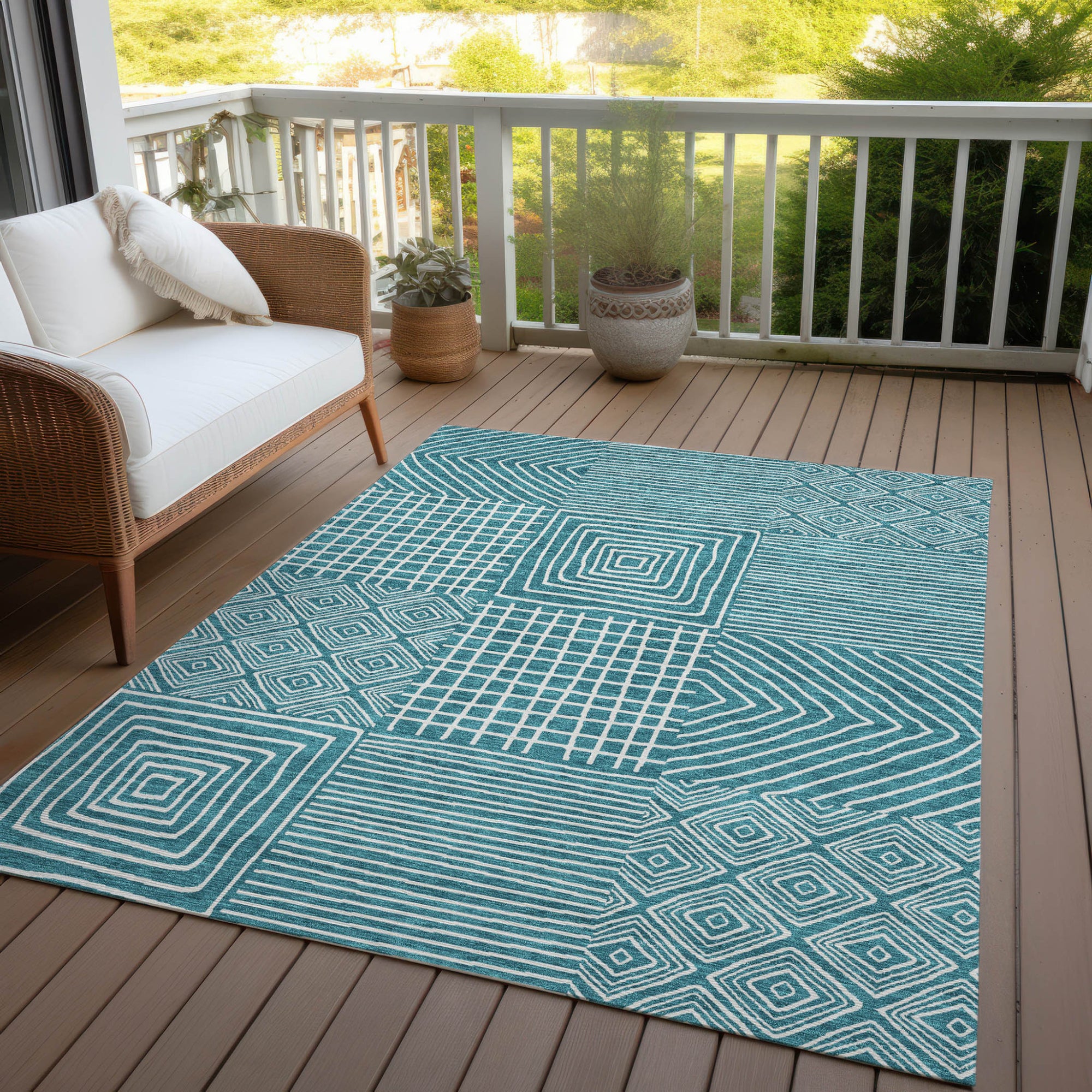 3' X 5' Teal Blue And Ivory Geometric Washable Indoor Outdoor Area Rug-7