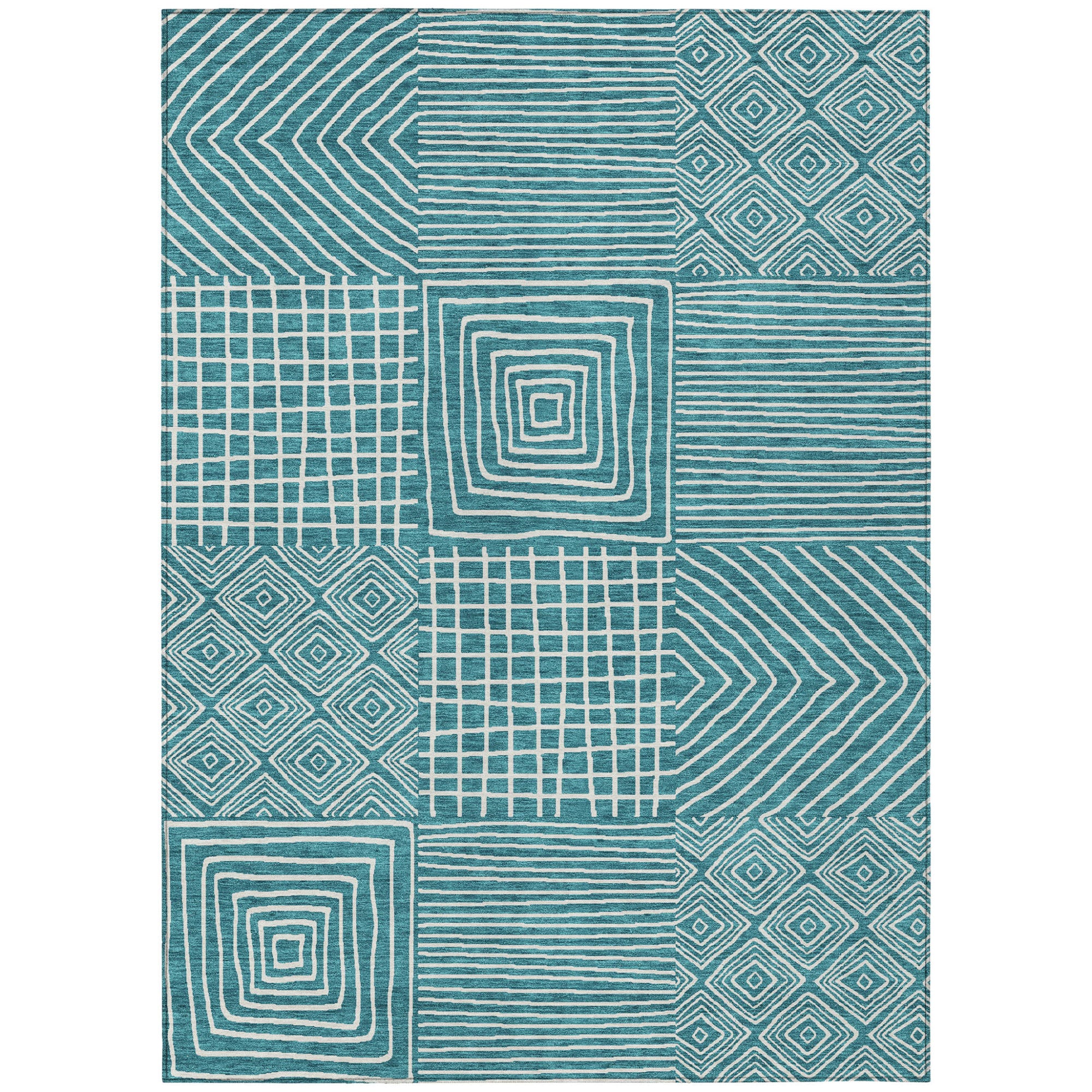 3' X 5' Teal Blue And Ivory Geometric Washable Indoor Outdoor Area Rug-1