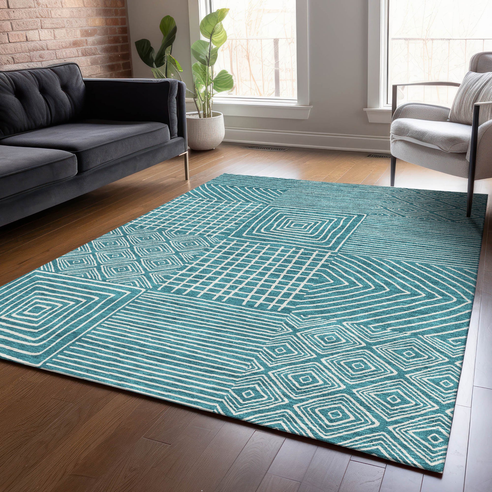 3' X 5' Teal Blue And Ivory Geometric Washable Indoor Outdoor Area Rug-8