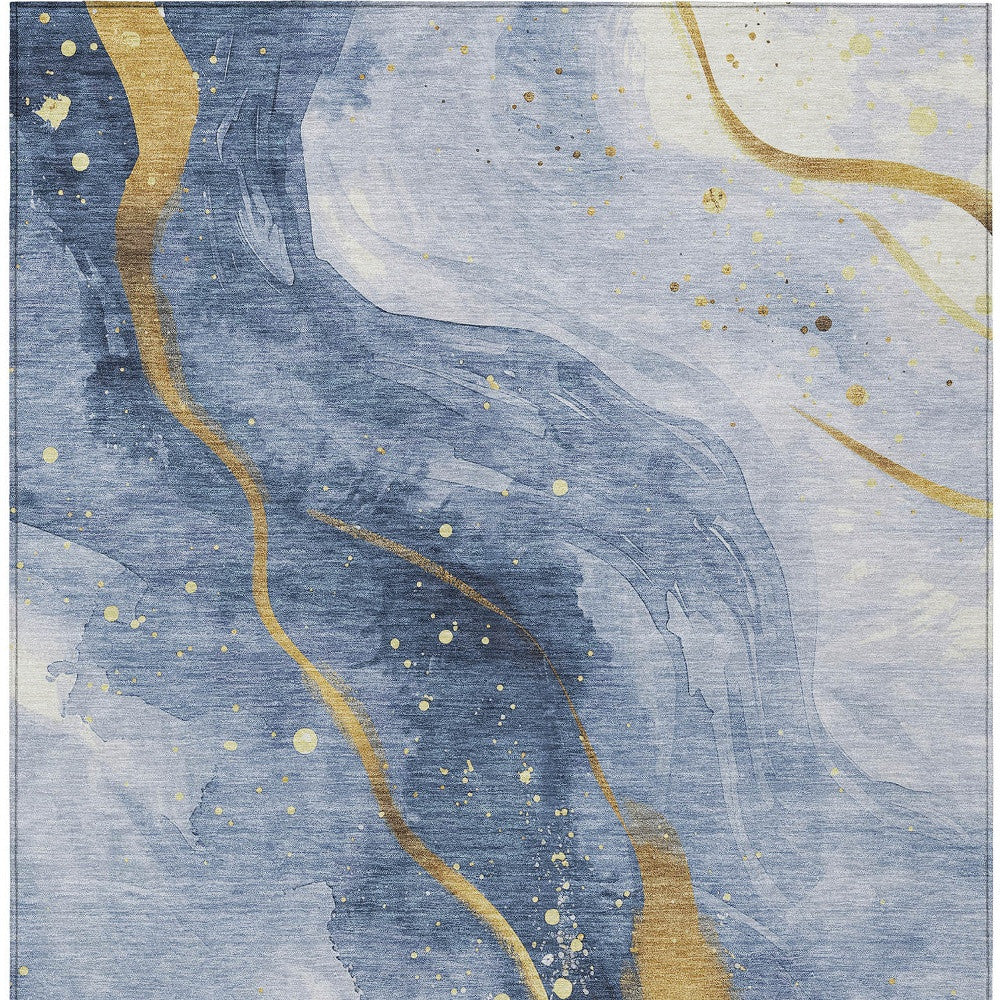 3' X 5' Blue And Gold Abstract Washable Indoor Outdoor Area Rug-6