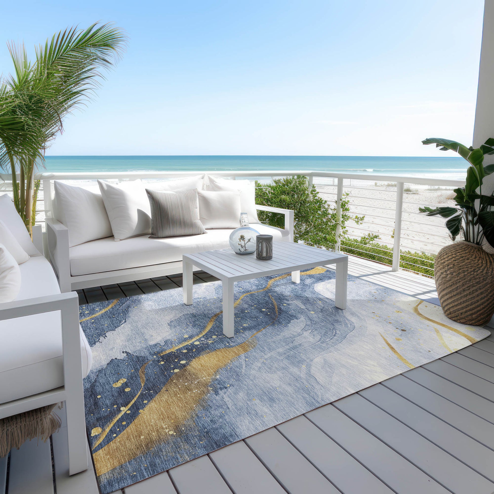 3' X 5' Blue And Gold Abstract Washable Indoor Outdoor Area Rug-7