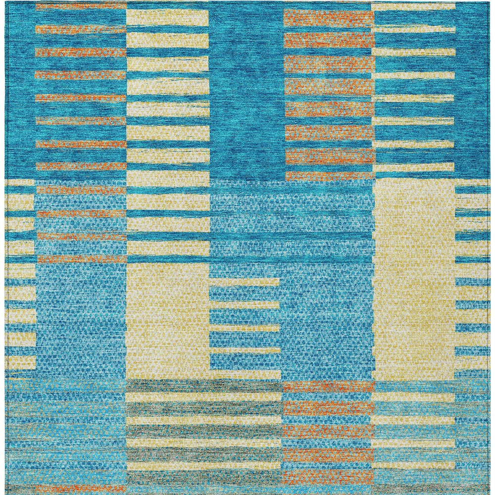 9' X 12' Teal Blue Orange And Sky Blue Striped Washable Indoor Outdoor Area Rug-6
