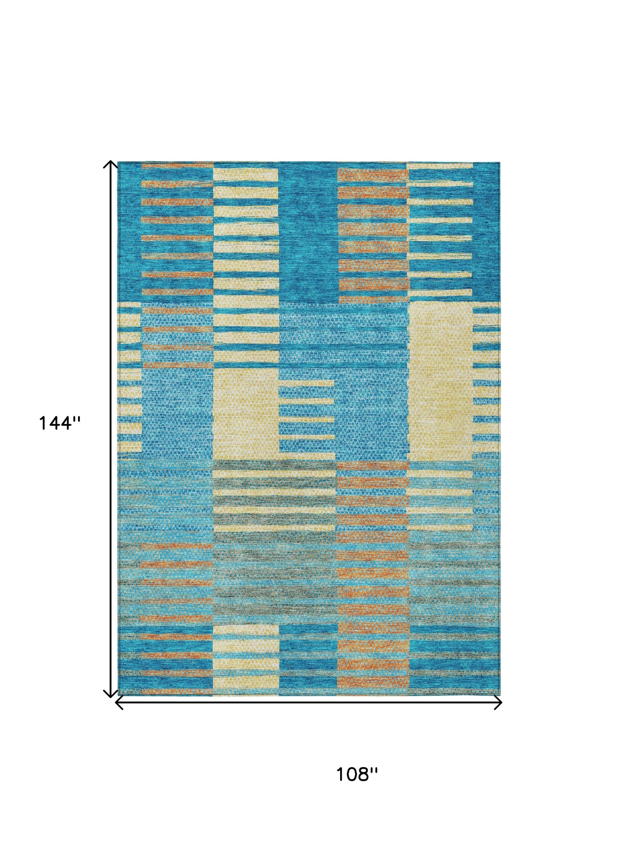 9' X 12' Teal Blue Orange And Sky Blue Striped Washable Indoor Outdoor Area Rug-2