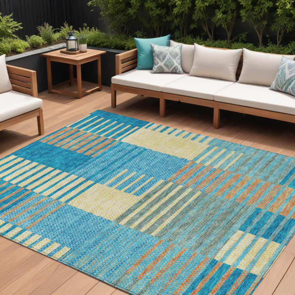 9' X 12' Teal Blue Orange And Sky Blue Striped Washable Indoor Outdoor Area Rug-0