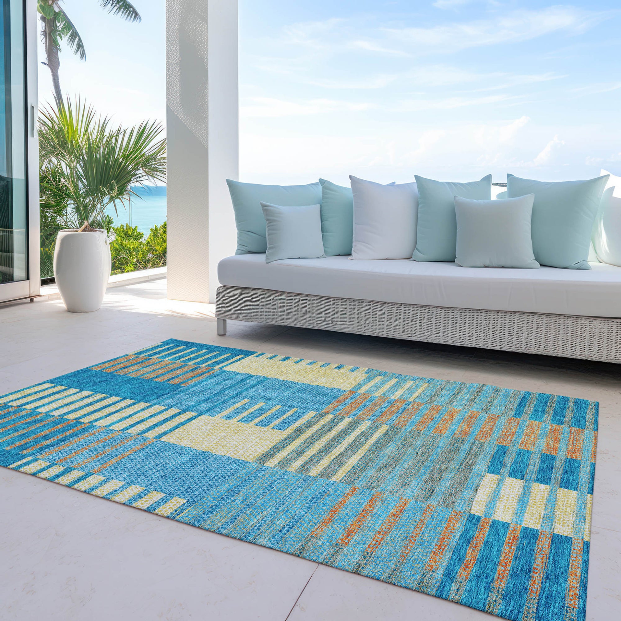 9' X 12' Teal Blue Orange And Sky Blue Striped Washable Indoor Outdoor Area Rug-7