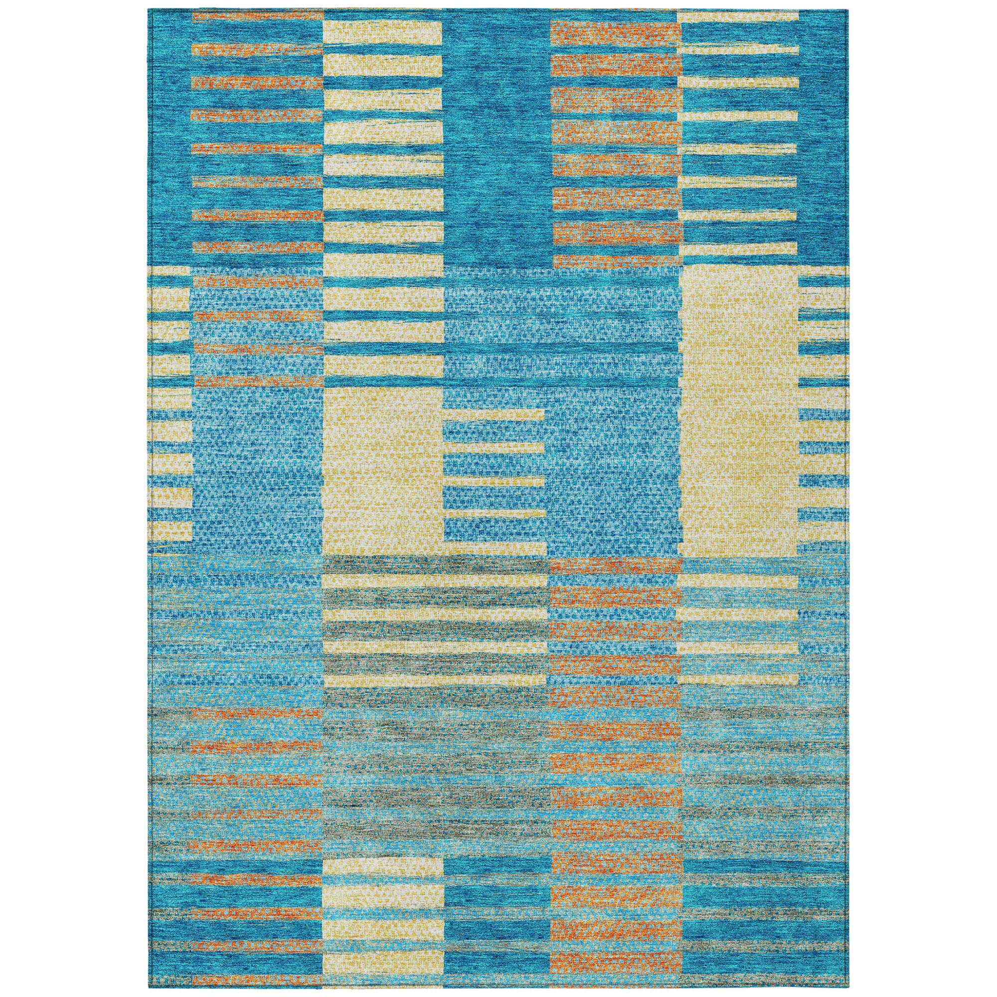 9' X 12' Teal Blue Orange And Sky Blue Striped Washable Indoor Outdoor Area Rug-1