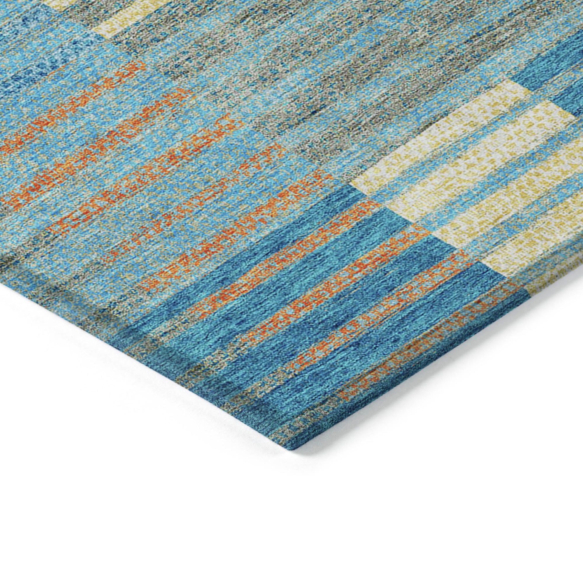9' X 12' Teal Blue Orange And Sky Blue Striped Washable Indoor Outdoor Area Rug-4