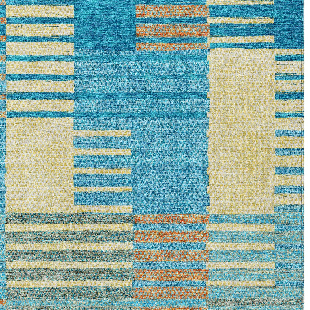 9' X 12' Teal Blue Orange And Sky Blue Striped Washable Indoor Outdoor Area Rug-5
