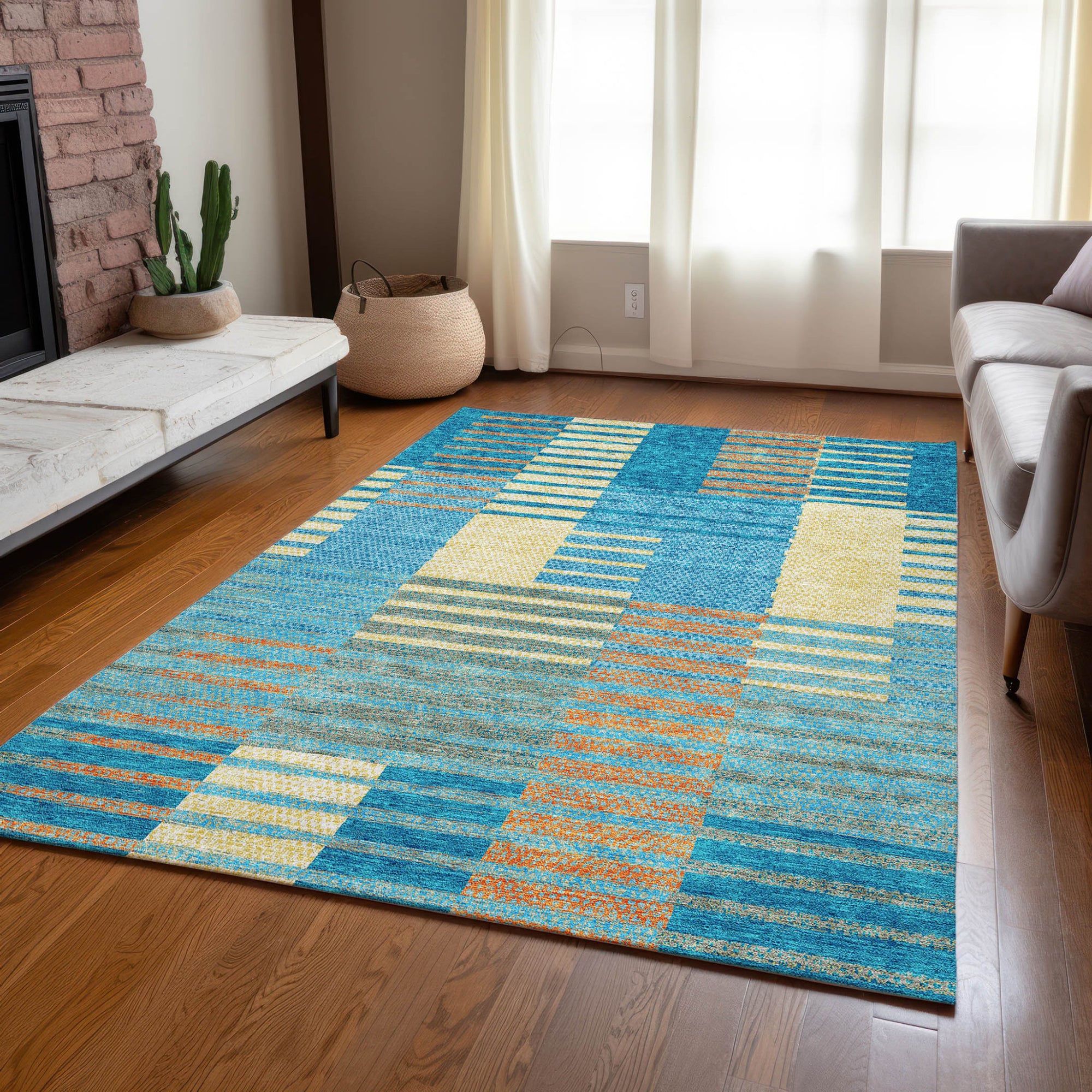 9' X 12' Teal Blue Orange And Sky Blue Striped Washable Indoor Outdoor Area Rug-8