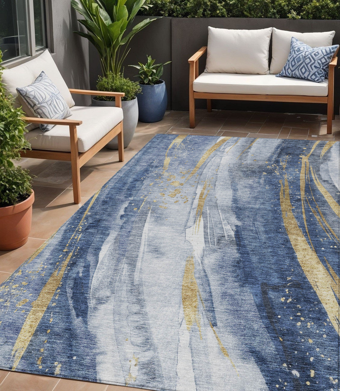 5' X 8' Blue Gold And Ivory Abstract Washable Indoor Outdoor Area Rug-0