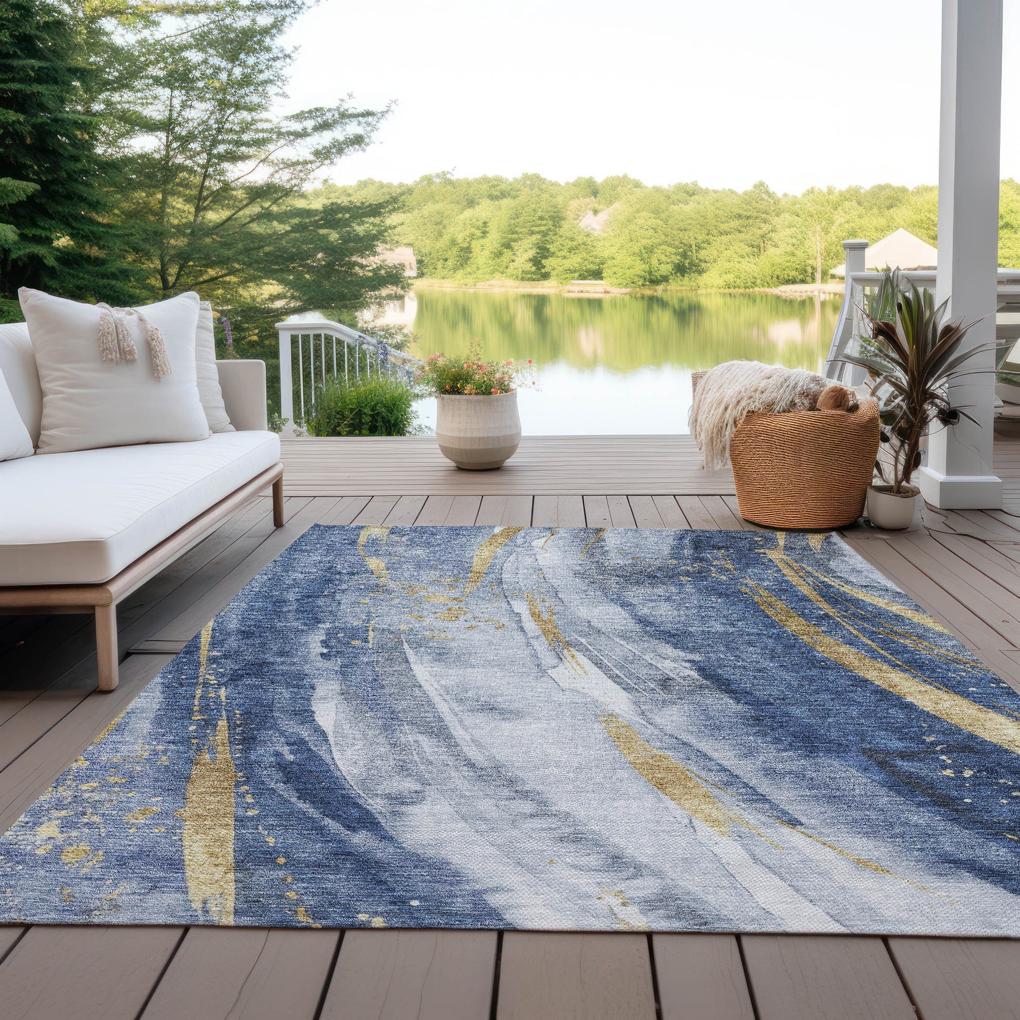 5' X 8' Blue Gold And Ivory Abstract Washable Indoor Outdoor Area Rug-6