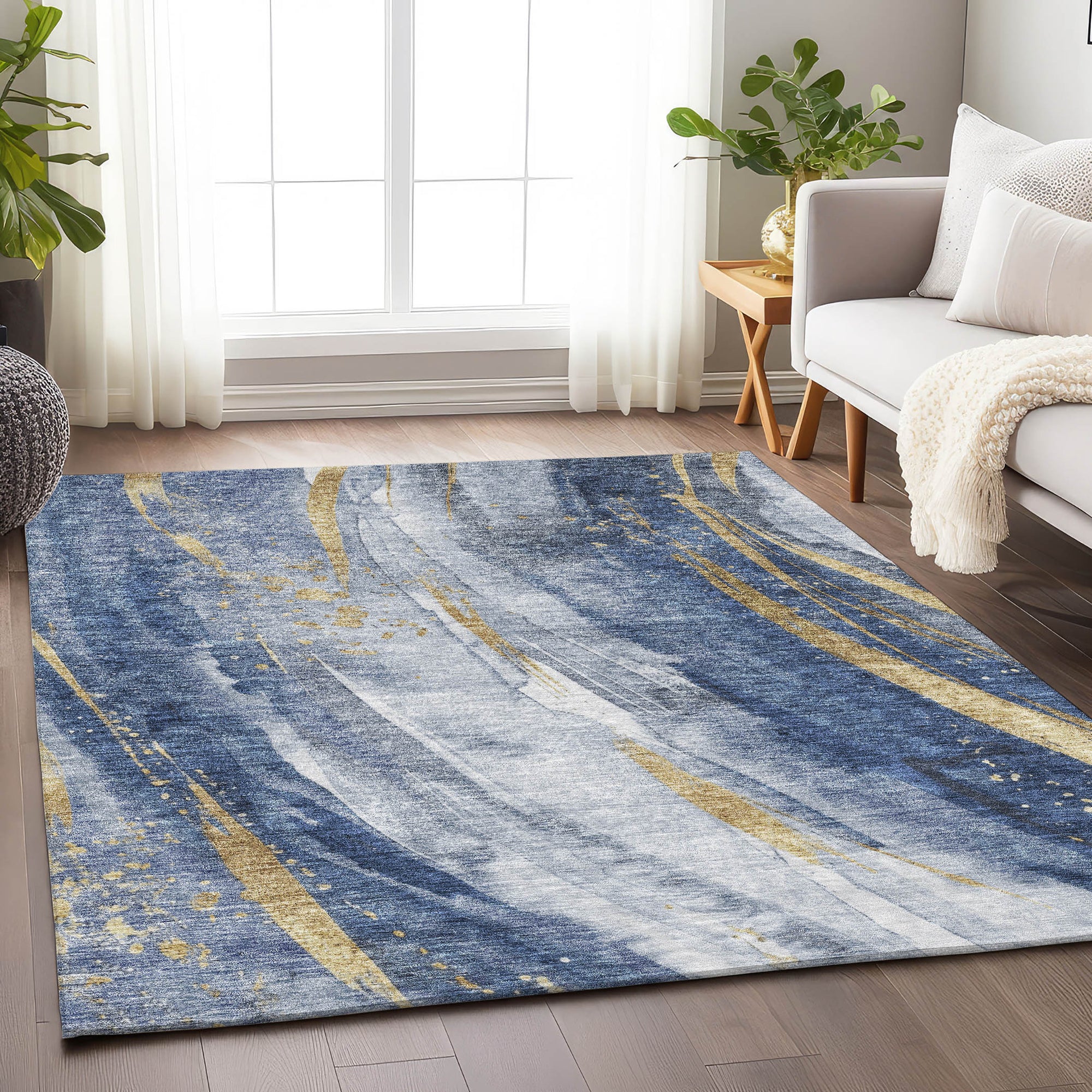 5' X 8' Blue Gold And Ivory Abstract Washable Indoor Outdoor Area Rug-7