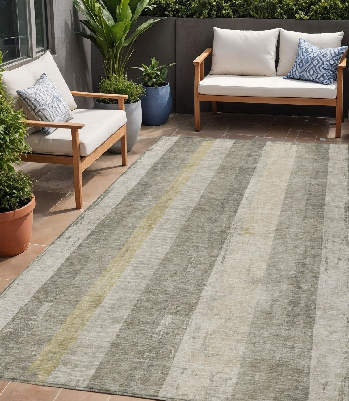 5' X 8' Taupe And Beige Striped Washable Indoor Outdoor Area Rug-0