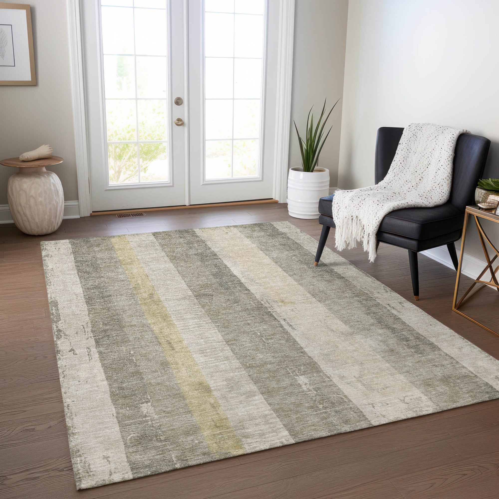 5' X 8' Taupe And Beige Striped Washable Indoor Outdoor Area Rug-8
