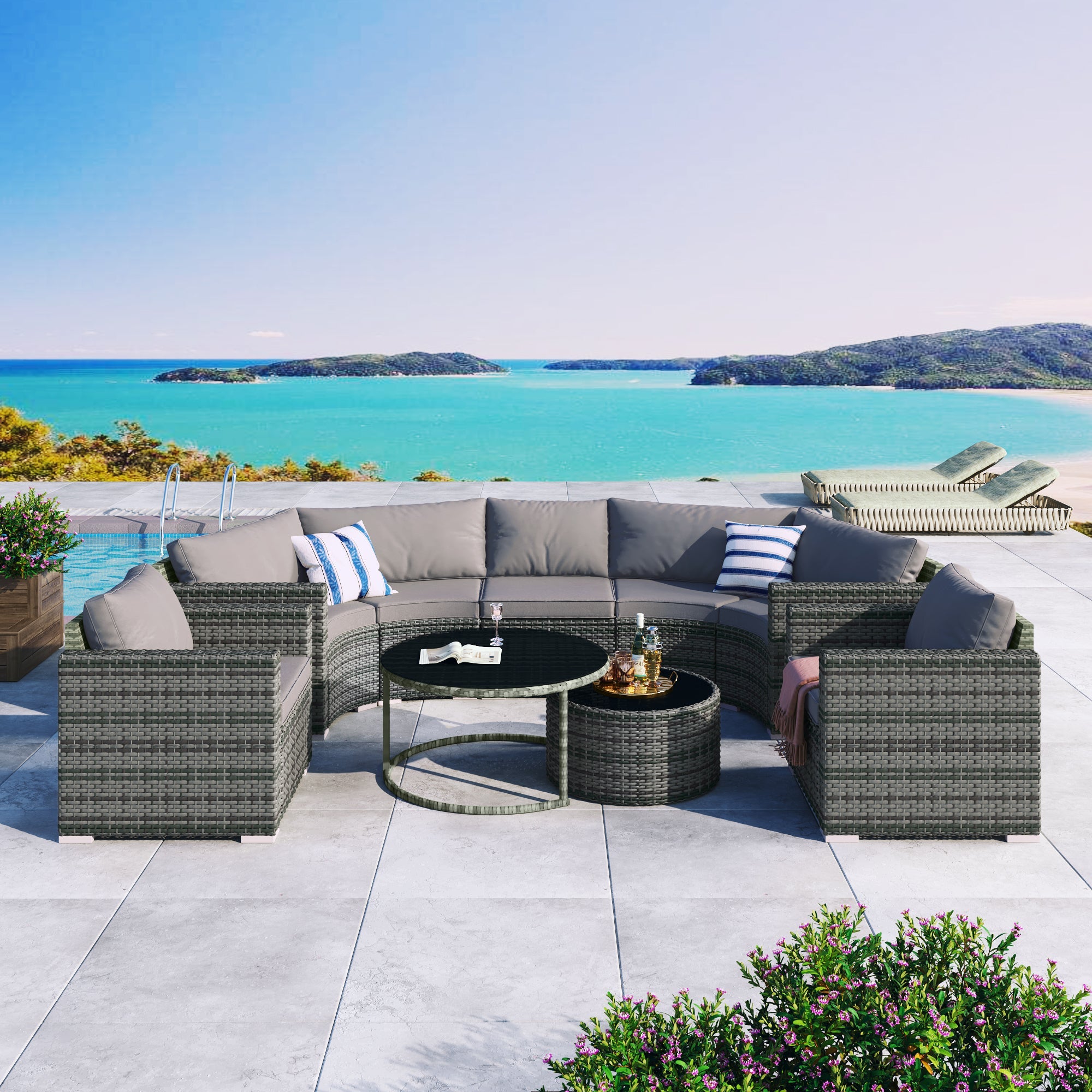 9-Piece Outdoor Half-Moon Patio Sofa Set