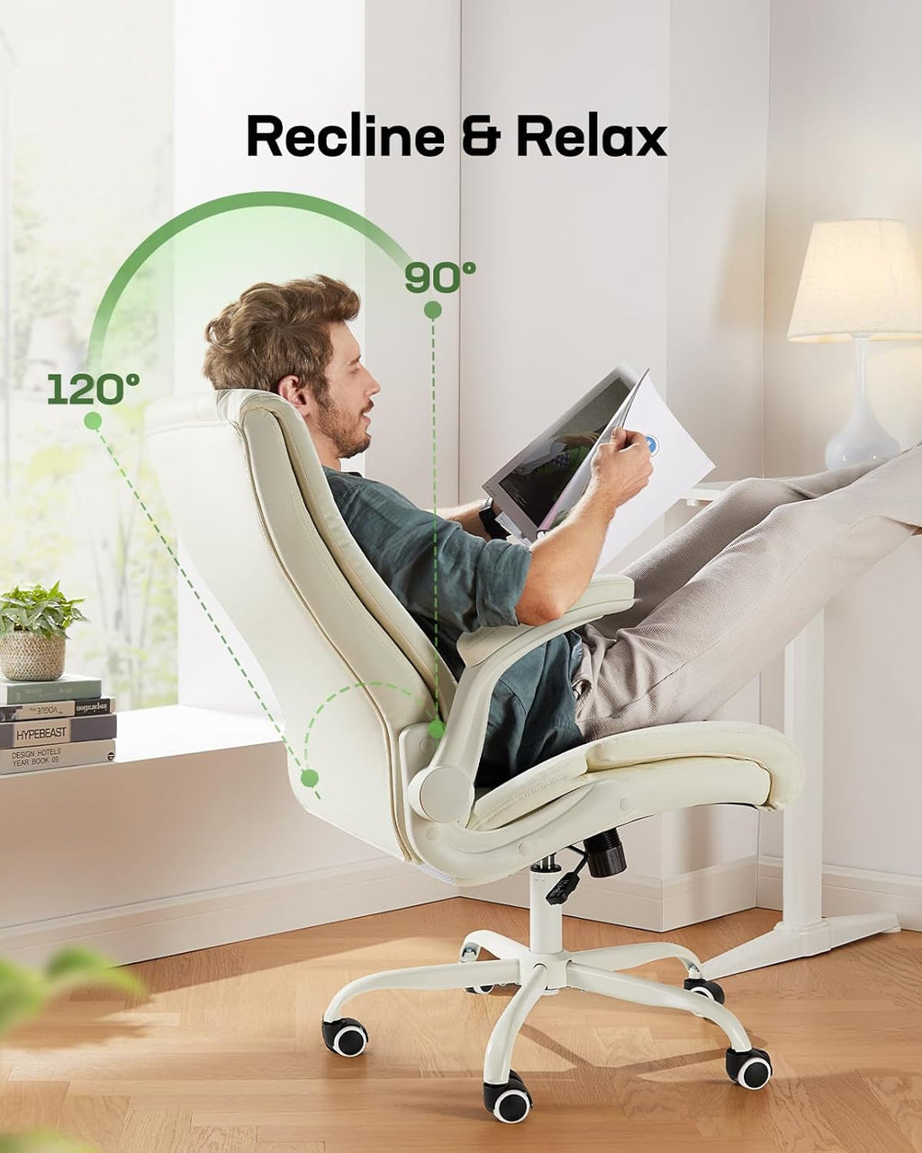 Executive Office Chair with Flip-Up Armrests,Pu Leather Ergonomic Desk Chair Height-Adjustable Swivel Rolling Computer Desk Chair-4