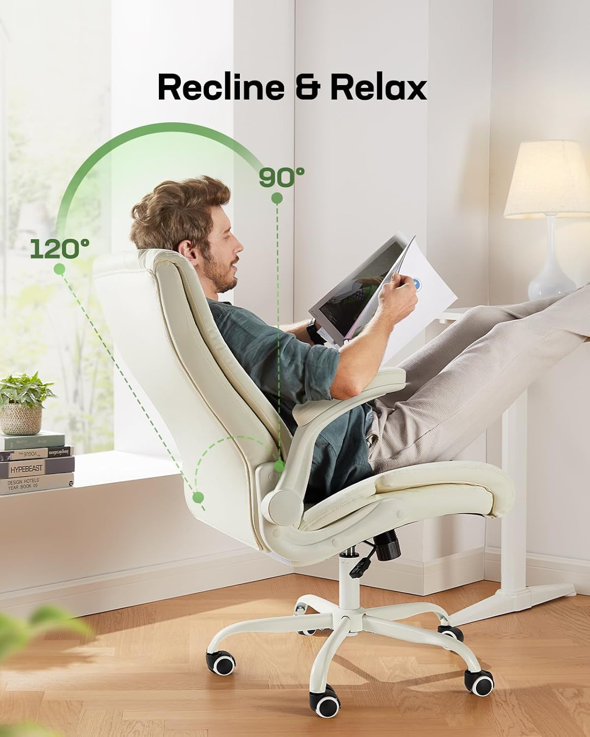 Executive Office Chair with Flip-Up Armrests,Pu Leather Ergonomic Desk Chair Height-Adjustable Swivel Rolling Computer Desk Chair-4