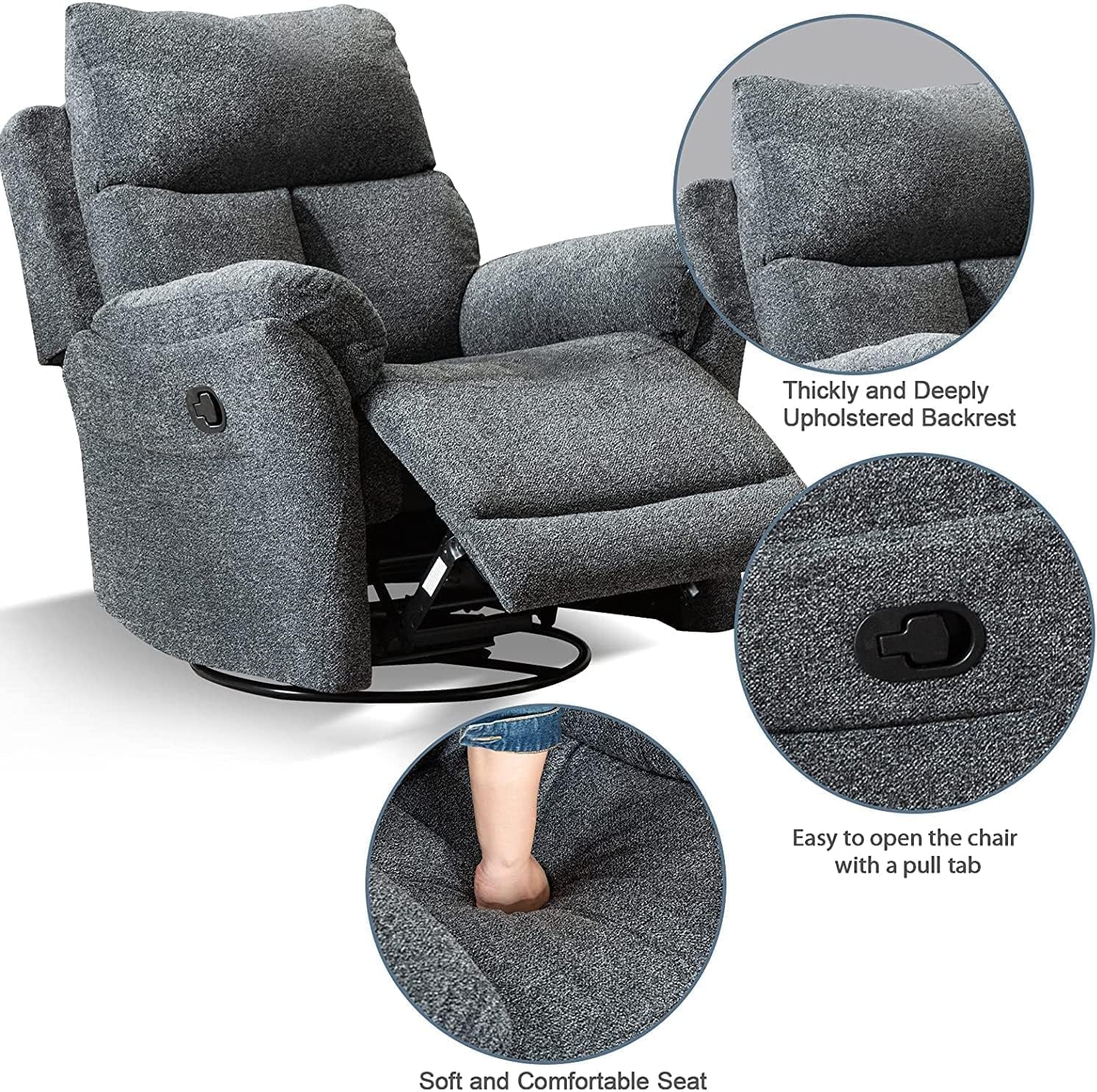 Swivel Rocker Recliner Chair Nursery, Manual Fabric Small Rocking