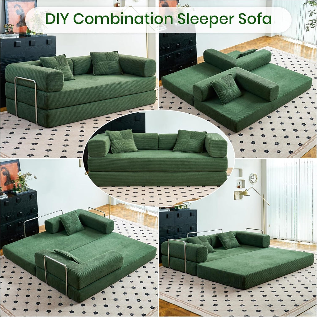 Convertible Floor Sofa Bed Comfy Corduroy Design Green-3